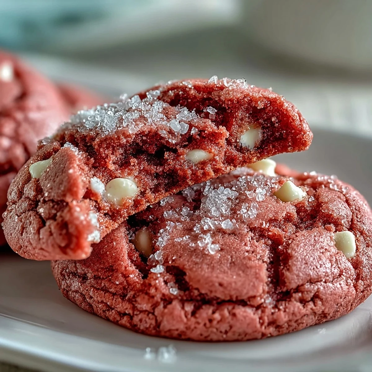 Zu den leckeren Pink Velvet Cookies mit weißen Schokoladenstücken, die auf einem Backblech auskühlen.