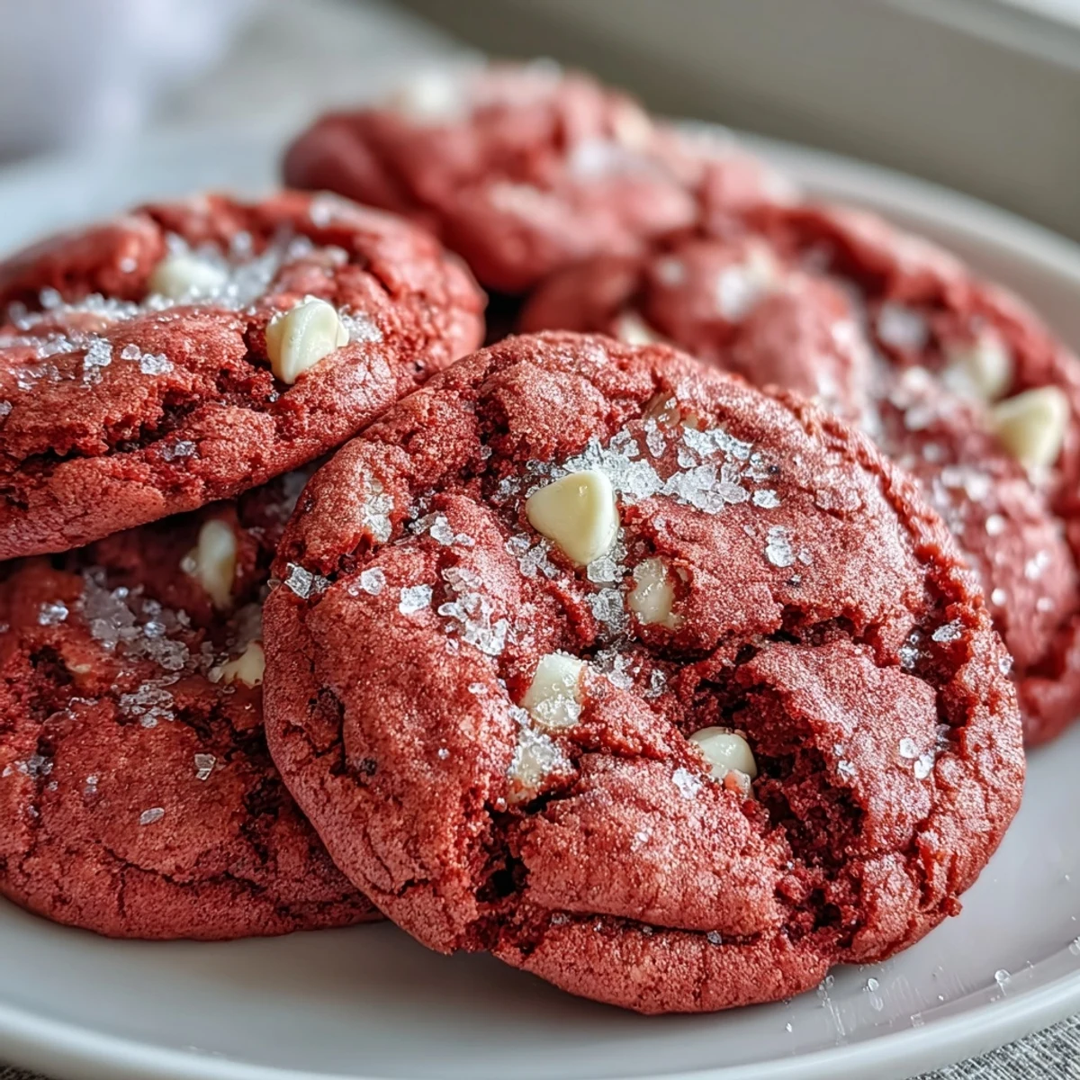 Leckere Pink Velvet Cookies mit zartem Teig und Rosengeschmack, serviert auf einer modernen Küchentheke.