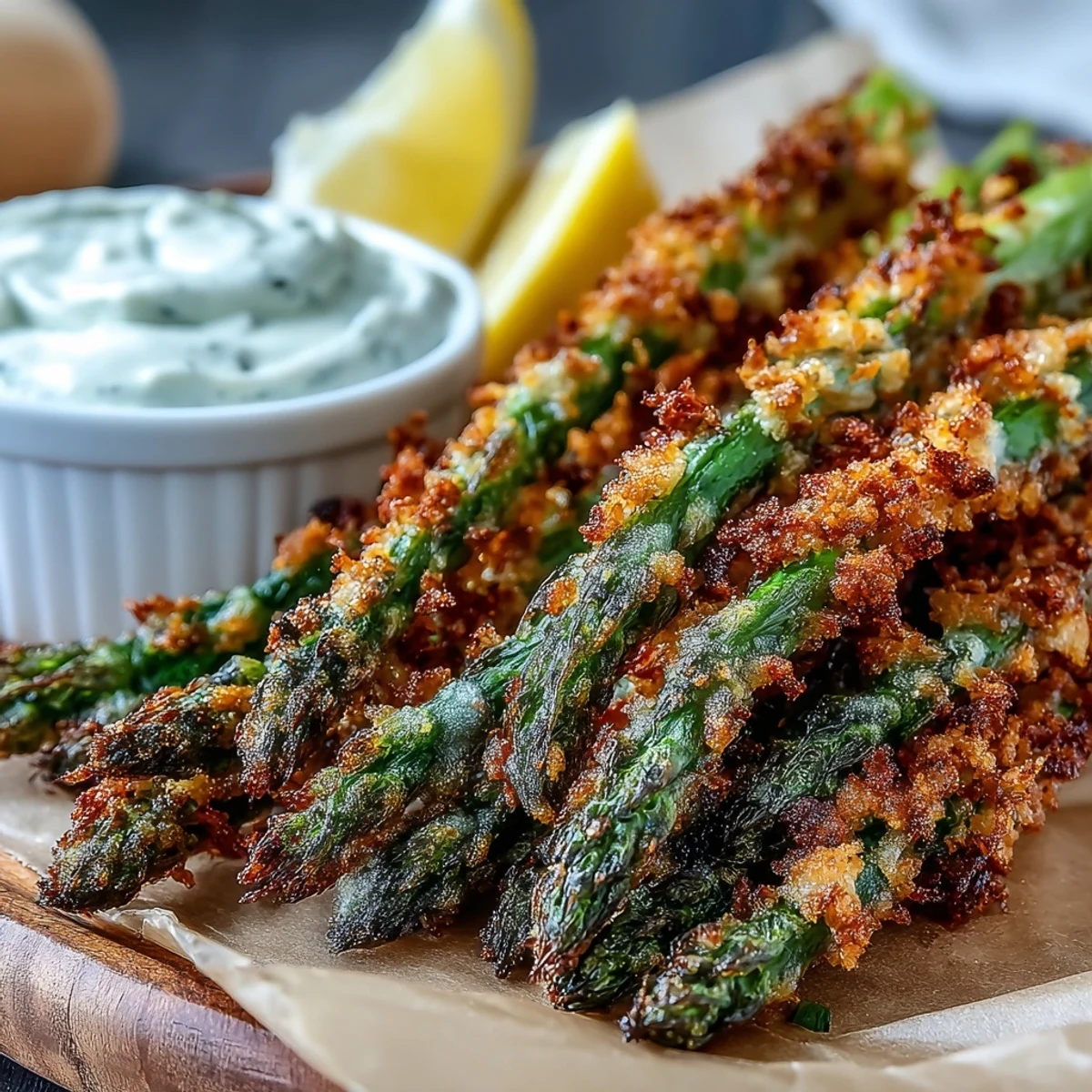 Goldene Crispy Asparagus Asiago Speere auf einem Backblech mit Zitronenspalten