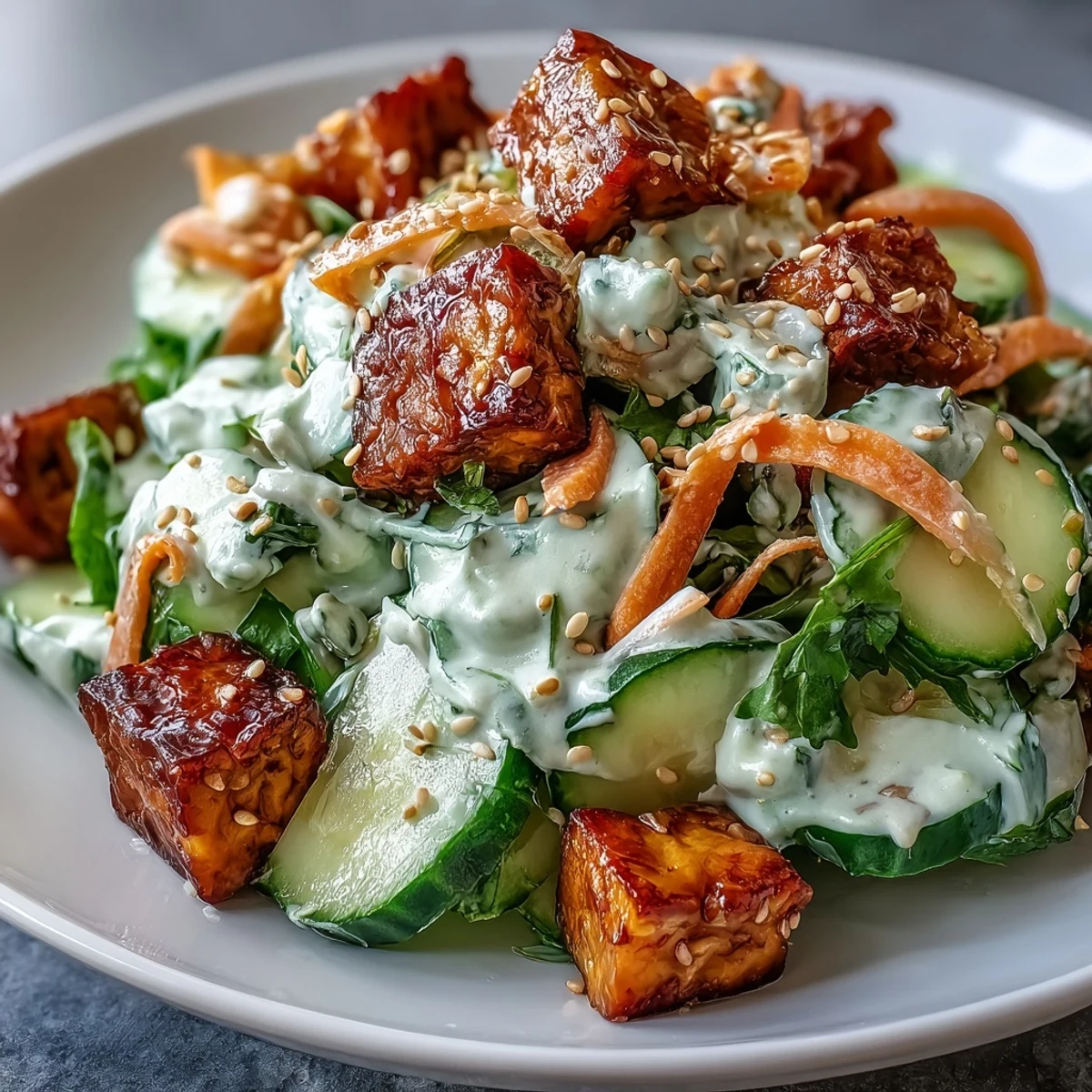 Goldene, knusprige Tofu-Würfel auf asiatischem Gurkensalat mit cremiger Sesam-Ginger-Dressing.