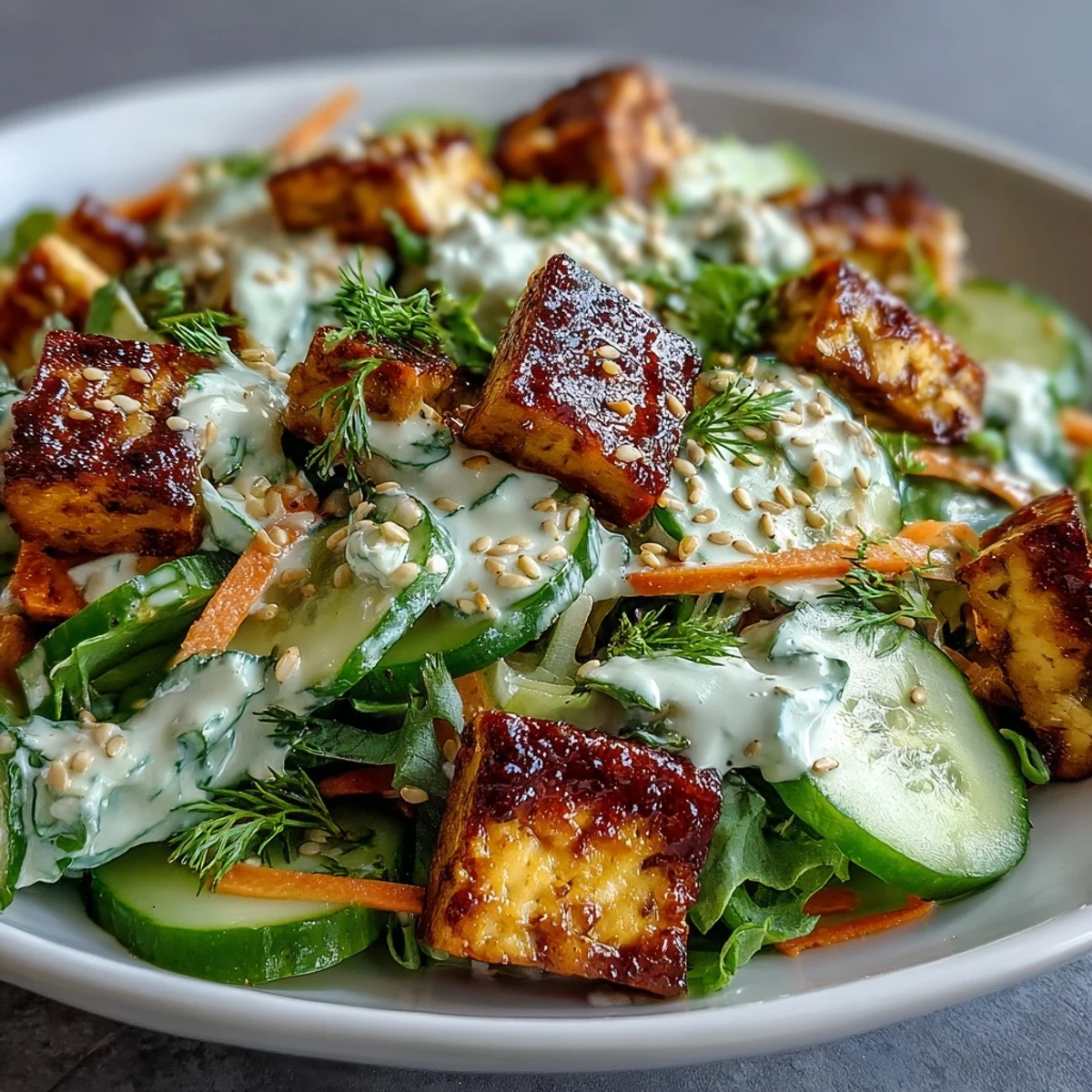 Knuspriger Tofu trifft auf erfrischende Gurken in dieser asiatisch-cremigen Salatkreation zum Mittagessen.