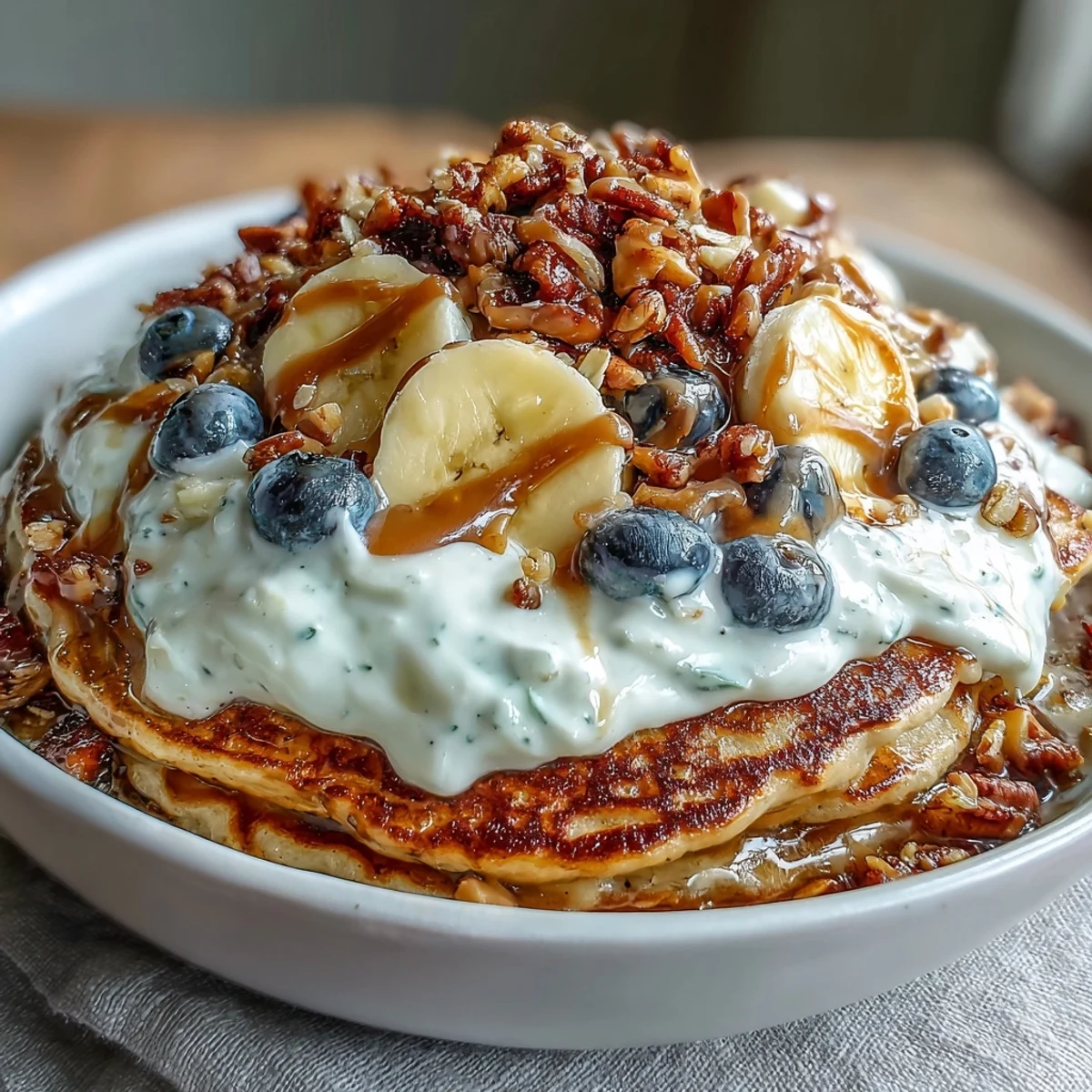 Warm Protein Pancake Bowl topped with creamy Greek yogurt, fresh mixed berries, crunchy nuts, and a honey drizzle.