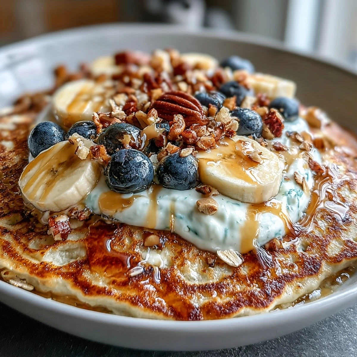 A hearty Protein Pancake Bowl with sliced bananas, granola, and seeds for a satisfying breakfast feast.