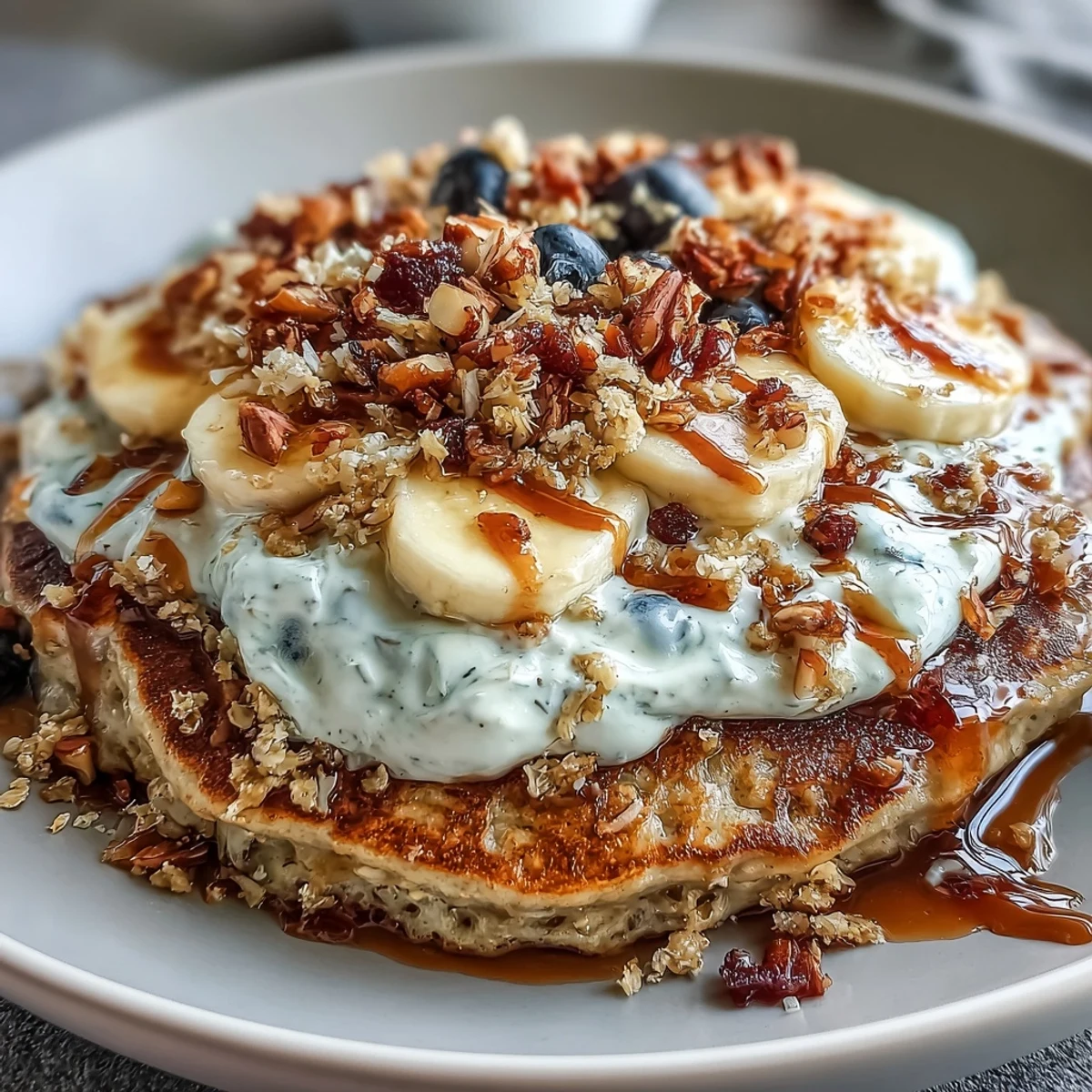 Golden pancakes in a Protein Pancake Bowl layered with tangy yogurt, ripe berries, and nut butter swirls.