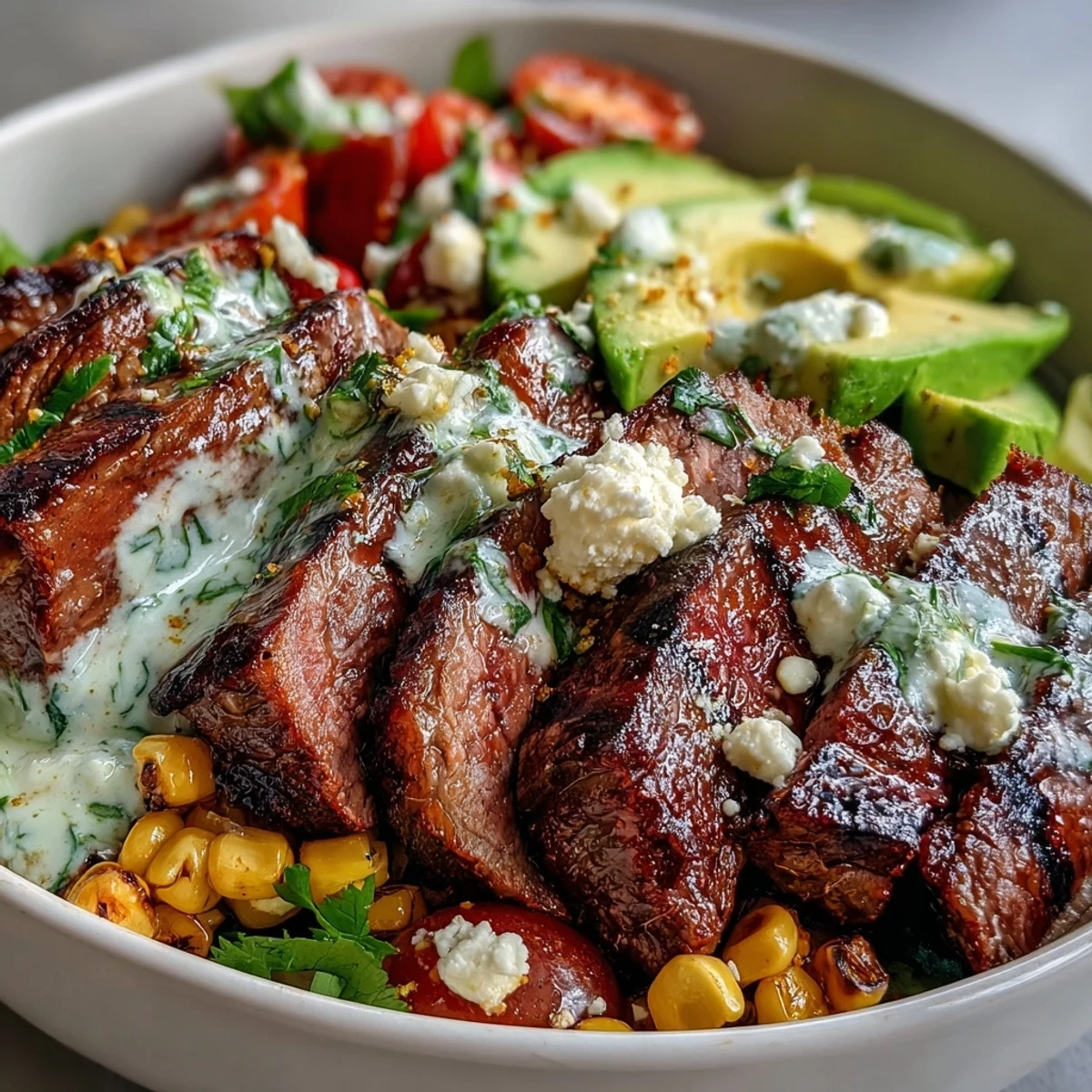 Creamy avocado and tender steak over rice topped with roasted corn and cilantro cream sauce in a serving bowl.