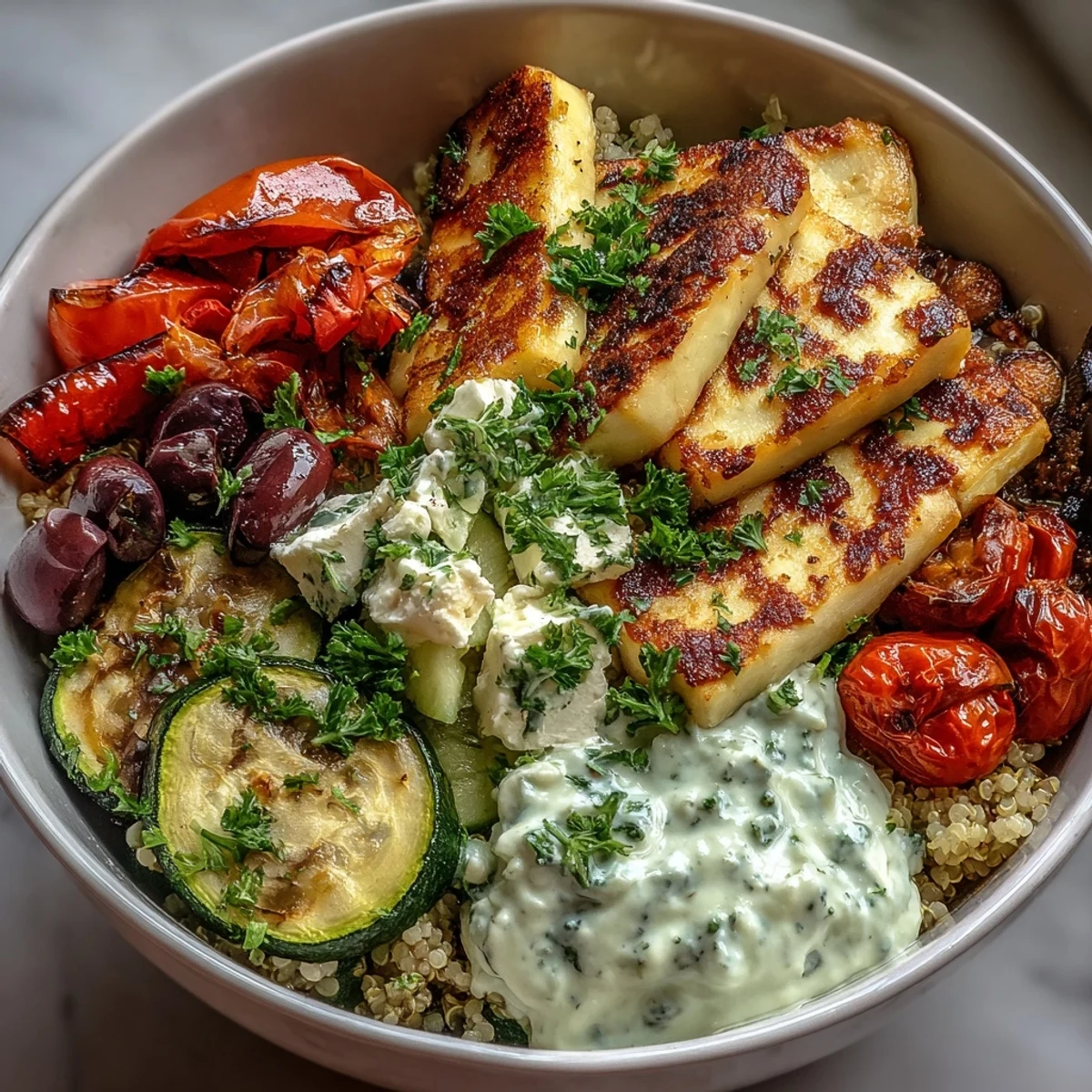 Vibrant grilled veggies and marinated chicken share a nutty quinoa base in this healthy dinner.