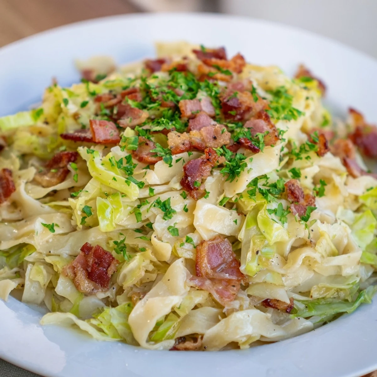Herzhafte deutsche gebratene Speck-Kohl-Nudeln in einer warmen Schüssel.  