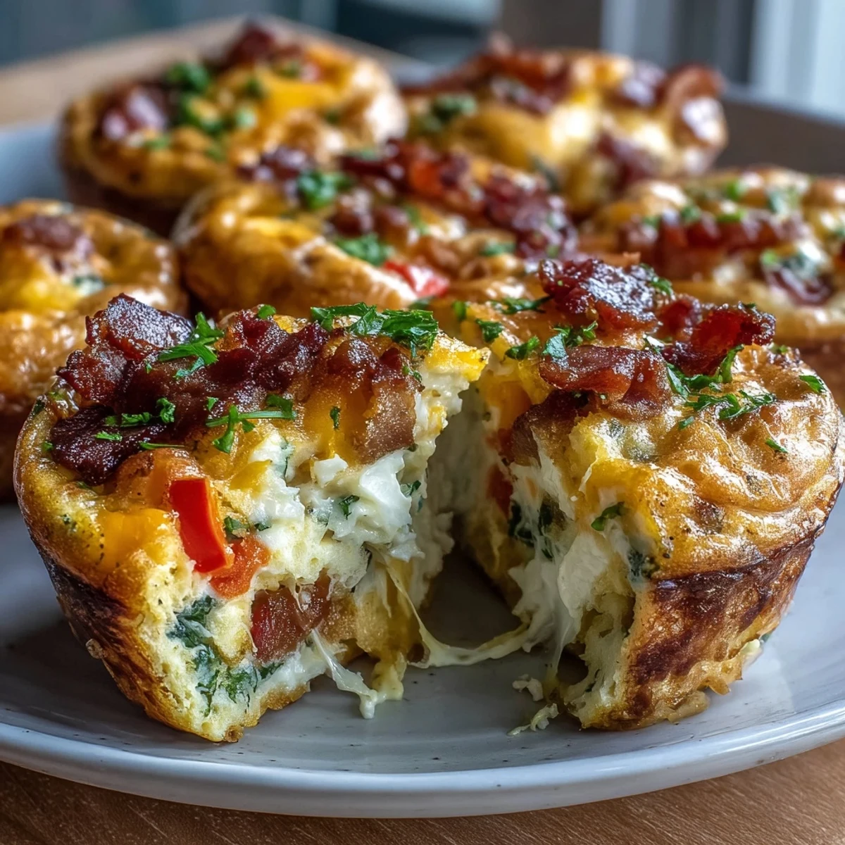 Goldene Breakfast Egg Muffins aus der Muffinform, gefüllt mit geschmolzenem Cheddar, knusprigem Speck und bunten Paprikastücken, frisch aus dem Ofen gerichtet.