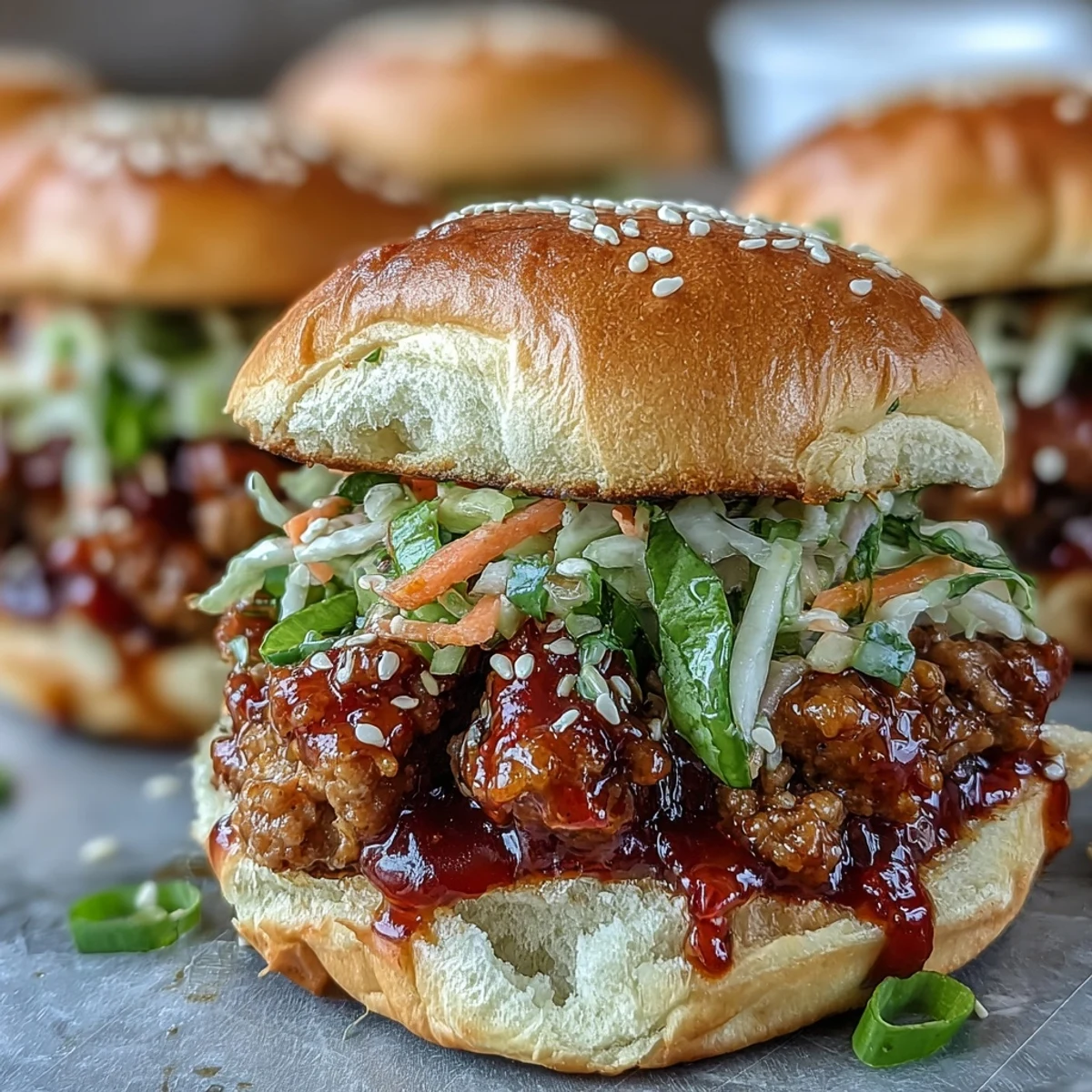 Gekochte Korean Turkey Sloppy Joe Sliders auf einem Holzbrett mit frischen grünen Zwiebeln garniert.