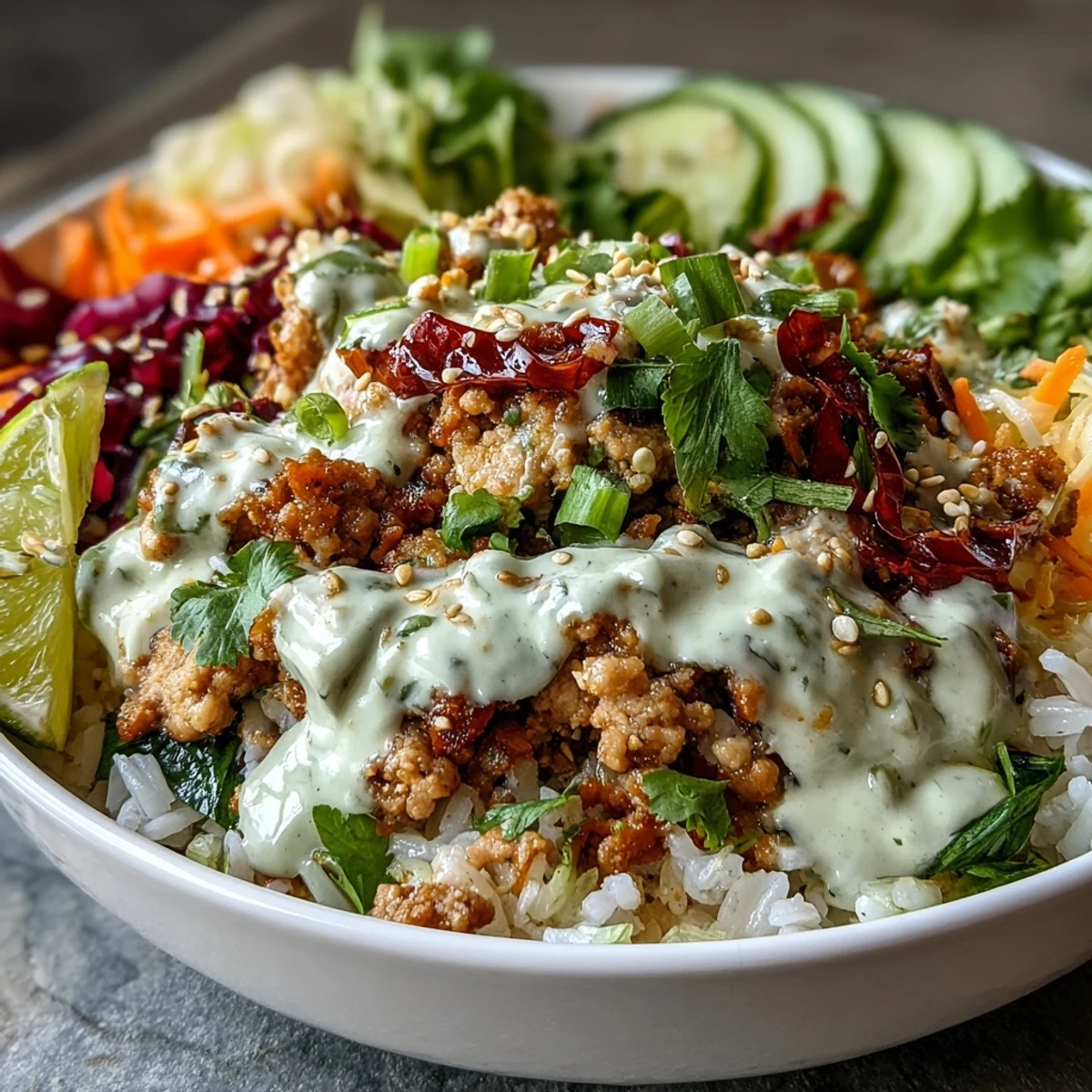 Genieße Spicy Bang Bang Turkey Rice Bowls mit würzigem Truthan und duftendem Jasminreis auf Teller.