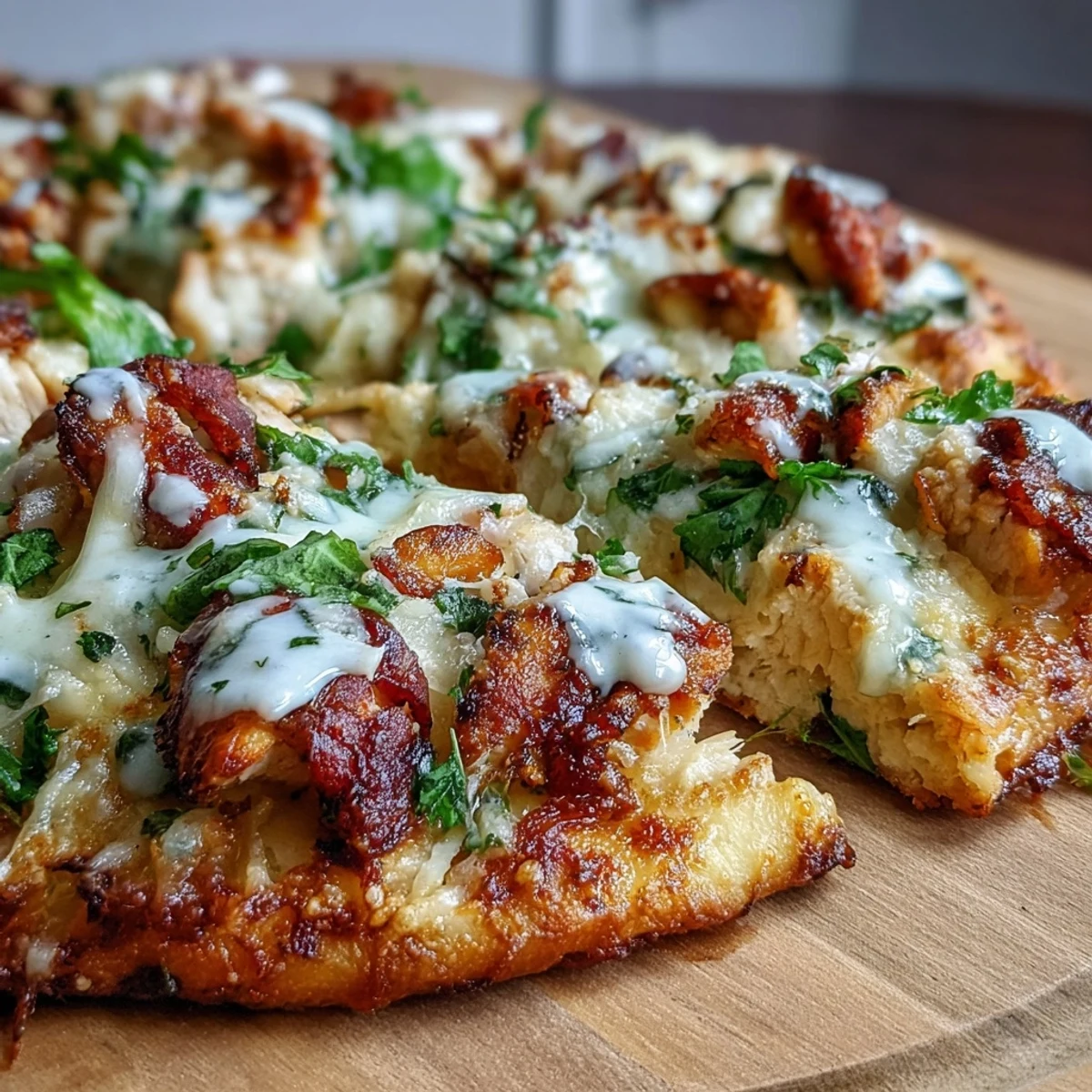 Garlic Naan Chicken Caesar Pizzas auf knusprigem Naan mit geschmolzenem Käse und frischem Rucola garniert.