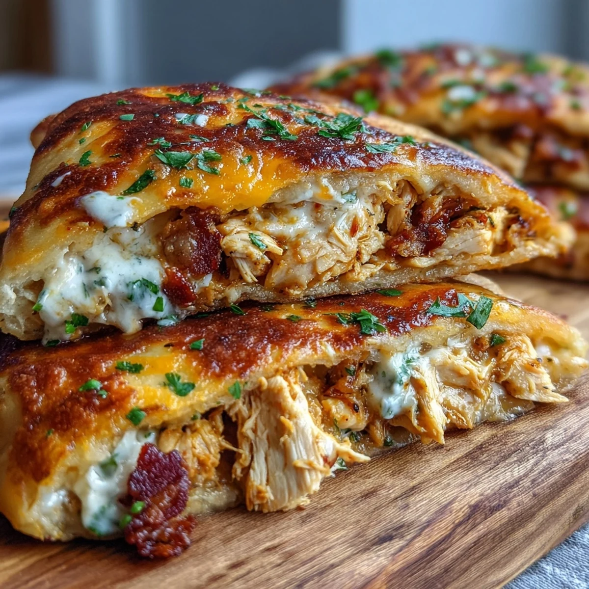 Drei gebratene Ranch Crack Chicken Stuffed Naan Brot in goldenem Teig mit geschmolzenem Cheddar und knusprigem Bacon.