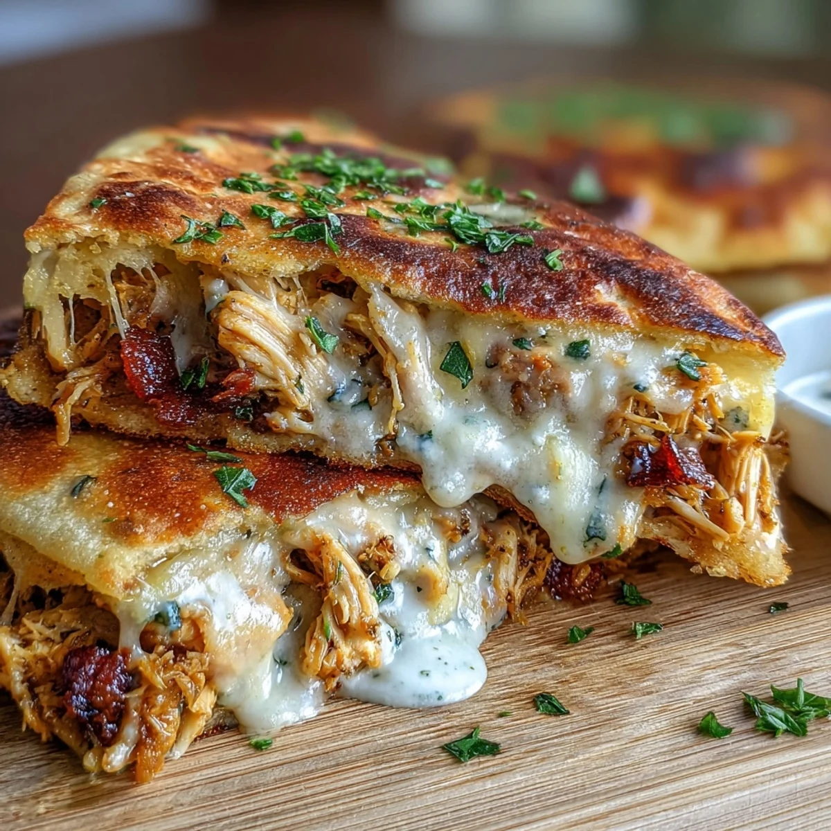 Goldbraune halbmondförmige Naan Brote mit zarter Hähnchen- und Käsefüllung, serviert auf rustikalem Holzteller.
