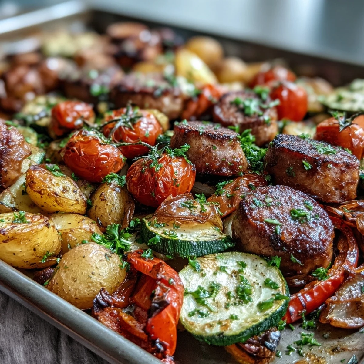 Smoky Sheet Pan Sausage & Veggies mit Naan: würziges Gemüse und Wurst auf einem Blech, perfekt mit goldenem Knoblauchnaan.