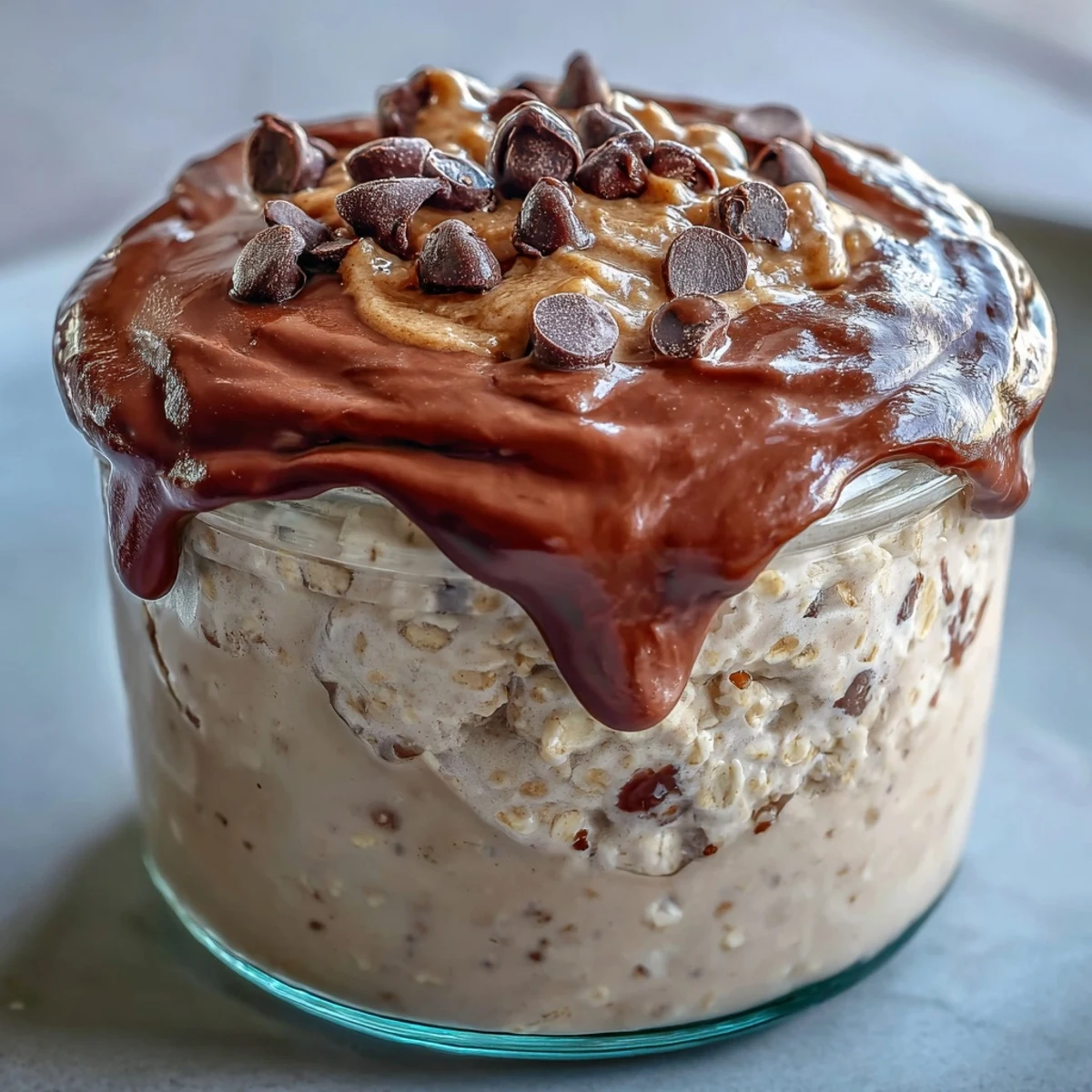 Peanut Butter Cup Overnight Oats mit Schokoladenganache und Erdnüssen im Glas.