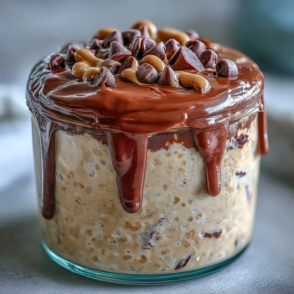 Eine Schicht Peanut Butter Cup Overnight Oats mit cremiger Schokoladenglasur und Erdnüssen.