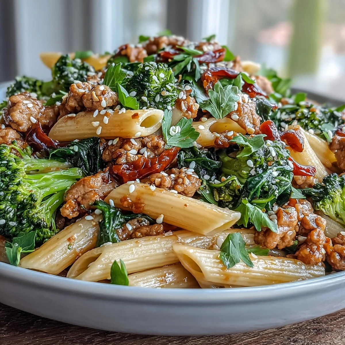 Leckere Sweet & Spicy Turkey Broccoli Pasta mit grünen Brokkoli-Röschen und roter Paprika, garniert mit Sesam und Frühlingszwiebeln.