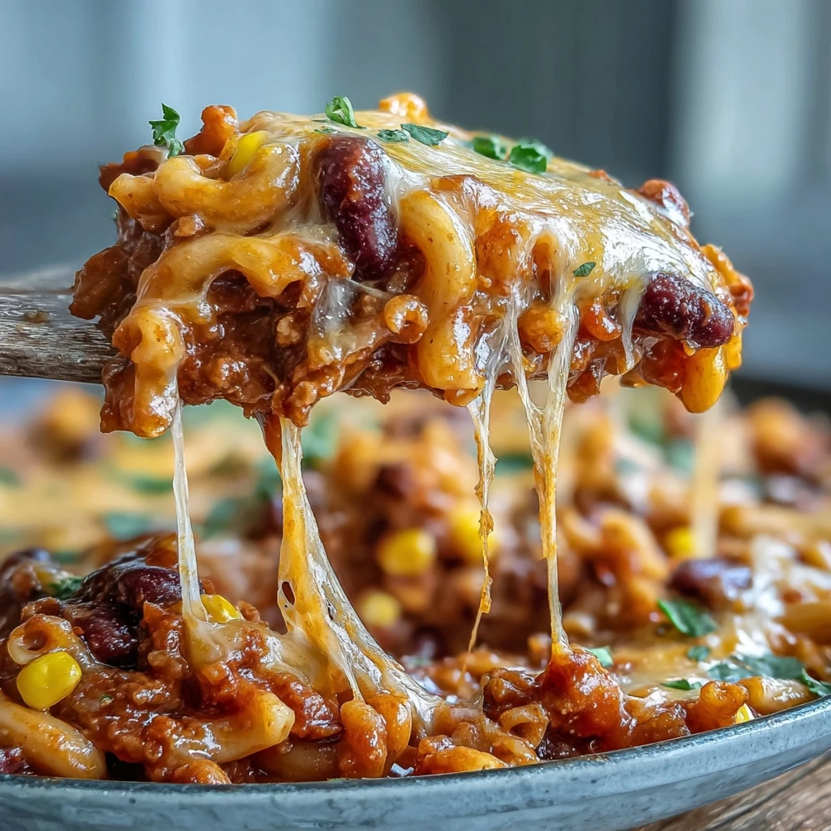 One-Pot Tex-Mex Chili Mac with Corn topped with melted cheddar and fresh cilantro in a Dutch oven.