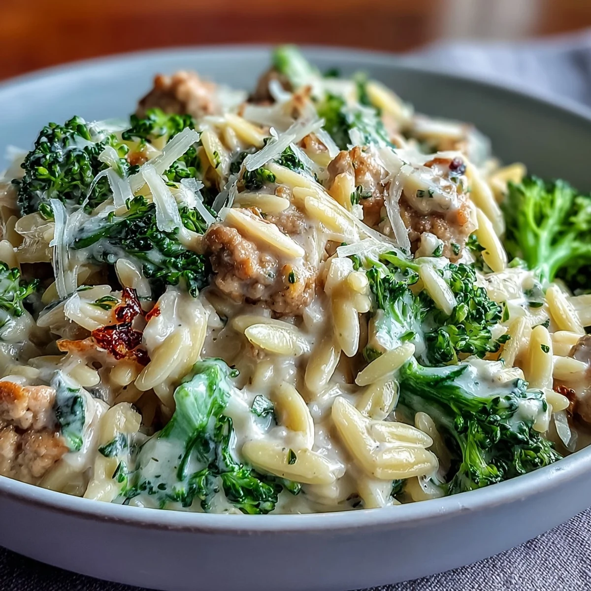 Geschmorte Brokkoli-Orzo mit Putenfleisch in cremiger Knoblauchsoße, garniert mit Zitronenzeste und Parmesan.