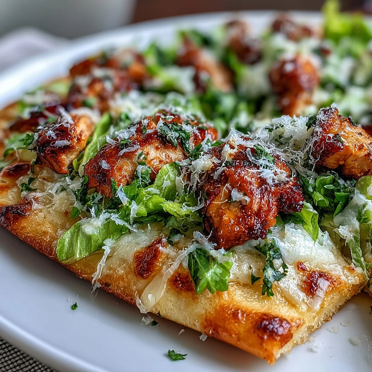 Genieße fusion Garlic Naan Chicken Caesar Pizza, frisch aus dem Ofen mit zarter Hähnchenfüllung und cremigem Käse.