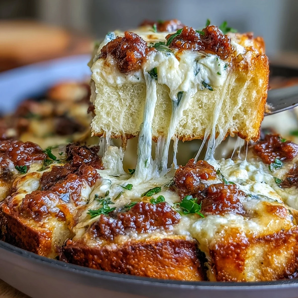 Eine gebackene Cheesy Garlic Bread Lasagna Skillet mit reichlich Käsekruste und würziger Tomatensauce im gusseisernen Topf.