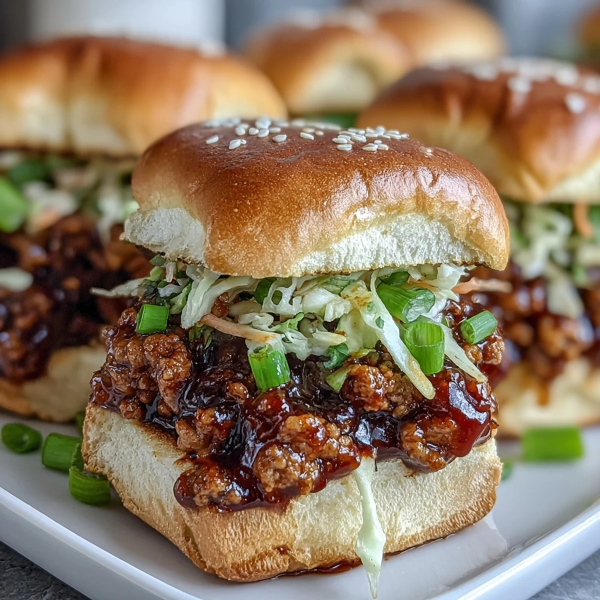 Frisch zubereitete Korean Turkey Sloppy Joe Sliders belegt mit würziger Truthahn-Paste und knackigem Gemüse-Slaw.
