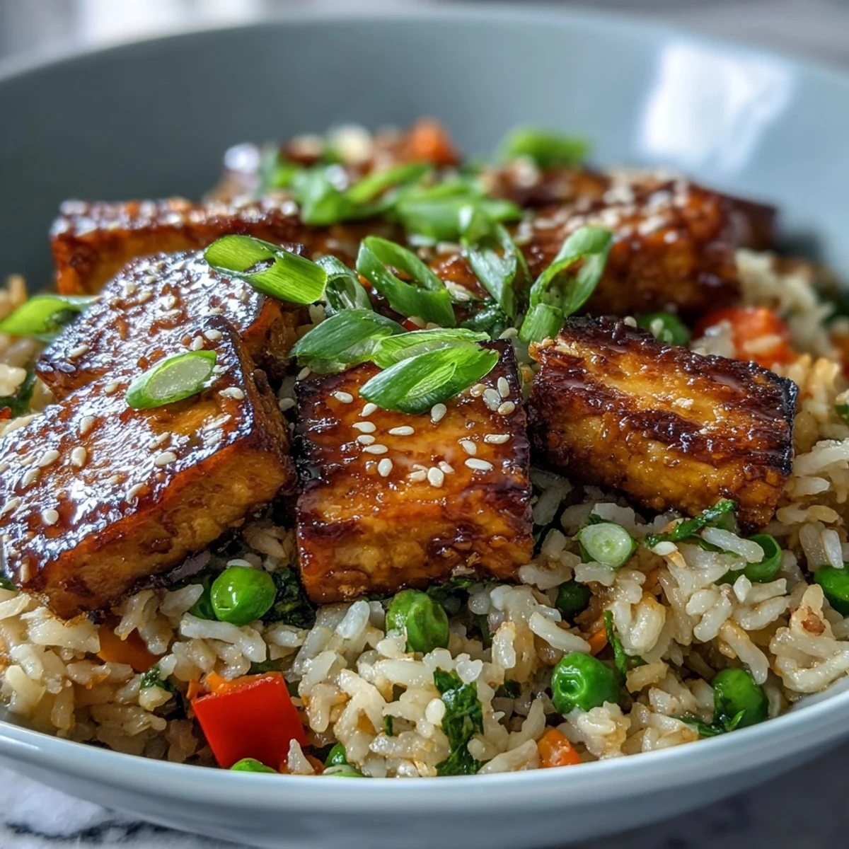 Goldene knusprige Tofu-Wok-Reis-Pfanne mit erbsen-karotten-mischung und glasierter Sesam-Ginger-Soße. Sesam-Ginger-Sauce über gebratenem Reis mit knusprigen Tofu-Würfeln und knackigen Paprikastreifen. Leckere vegetarische Sesam-Reispfanne aus der Pfanne mit grünen Zwiebeln und geröstetem Sesam garniert.