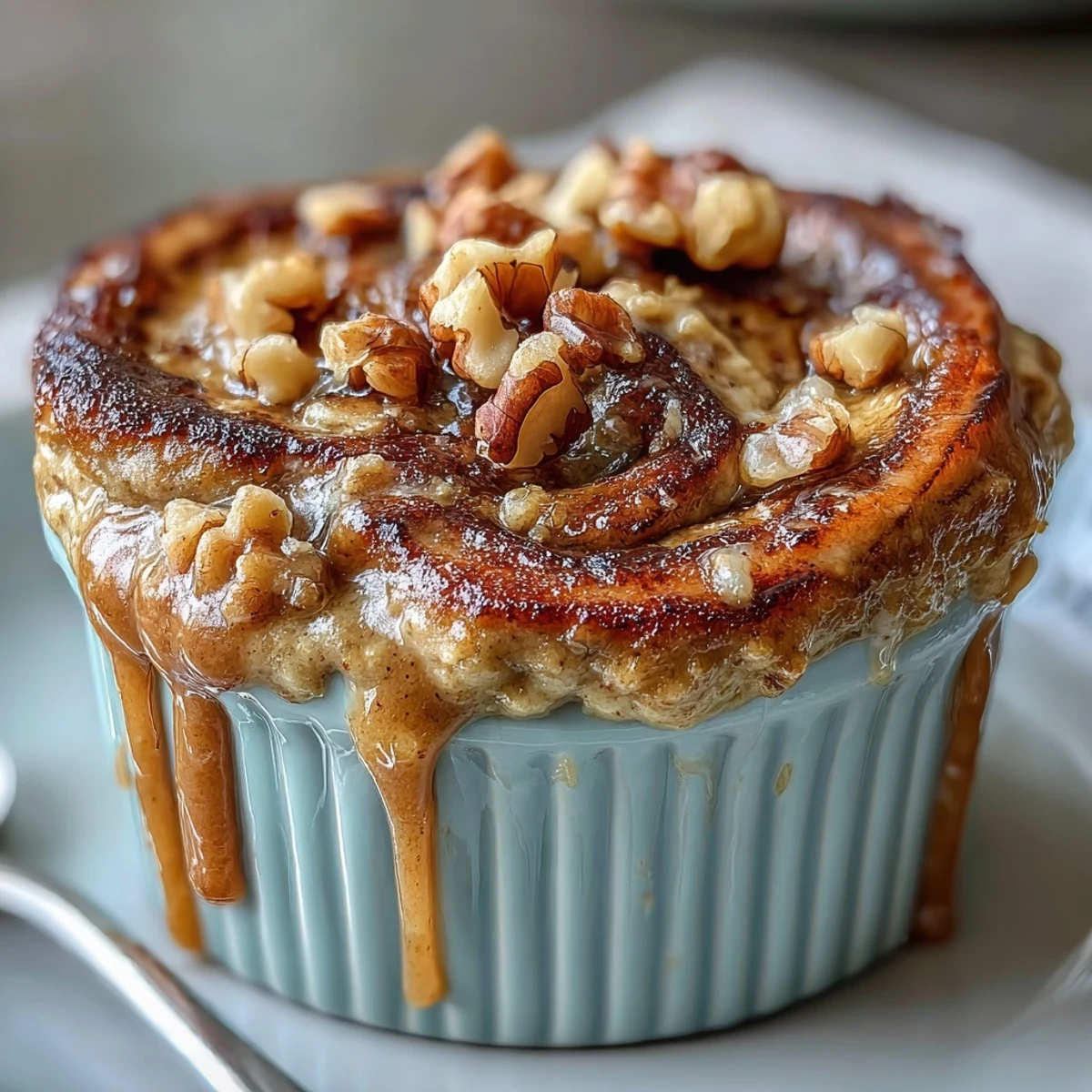 Golden-brown Cinnamon Swirl Protein Banana Baked Oats served warm from the oven with a steaming mug of coffee.