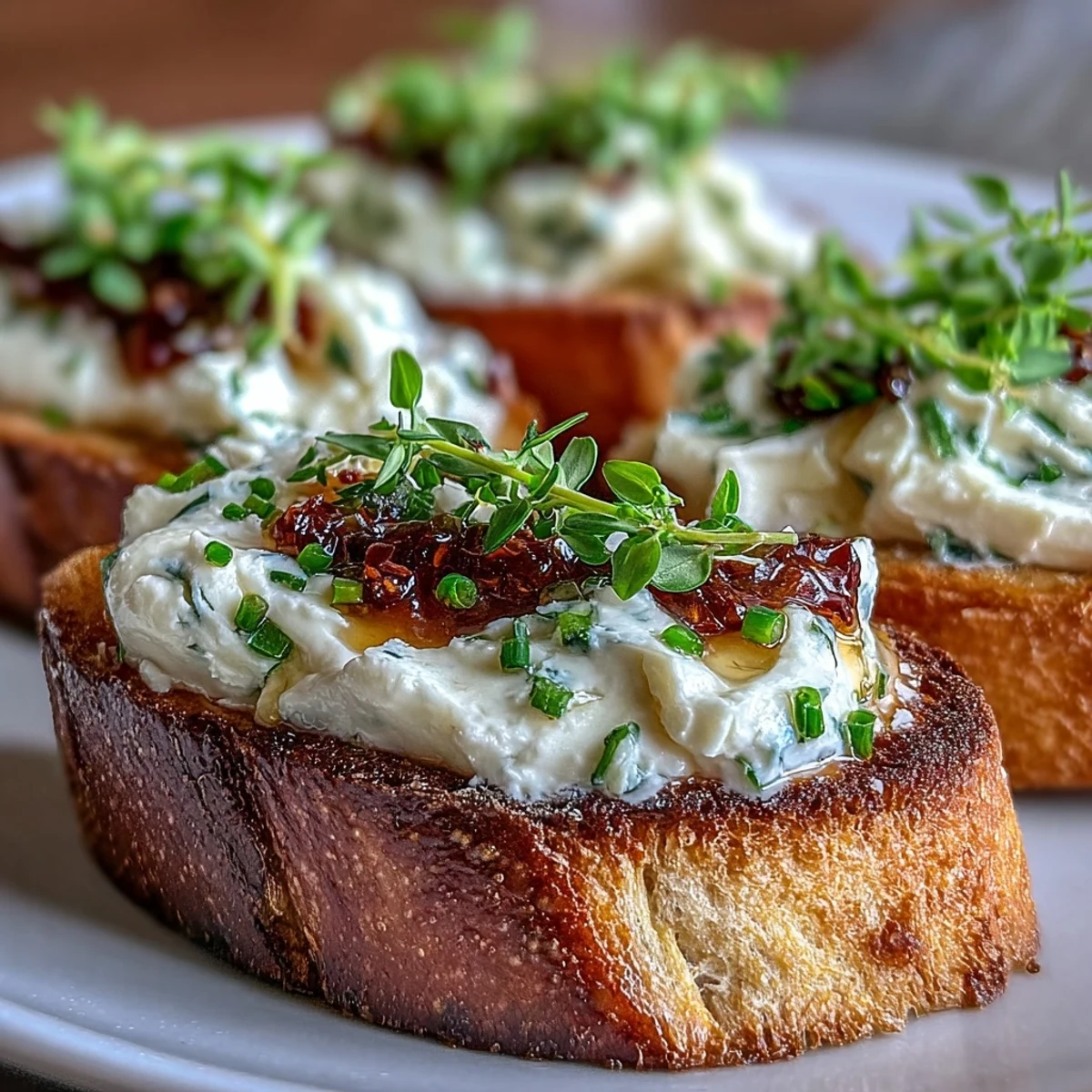 Scharf-süße Hot Honey Goat Cheese Crostini für Appertizers, neben Olivenöl und Frischkäse für die Party.