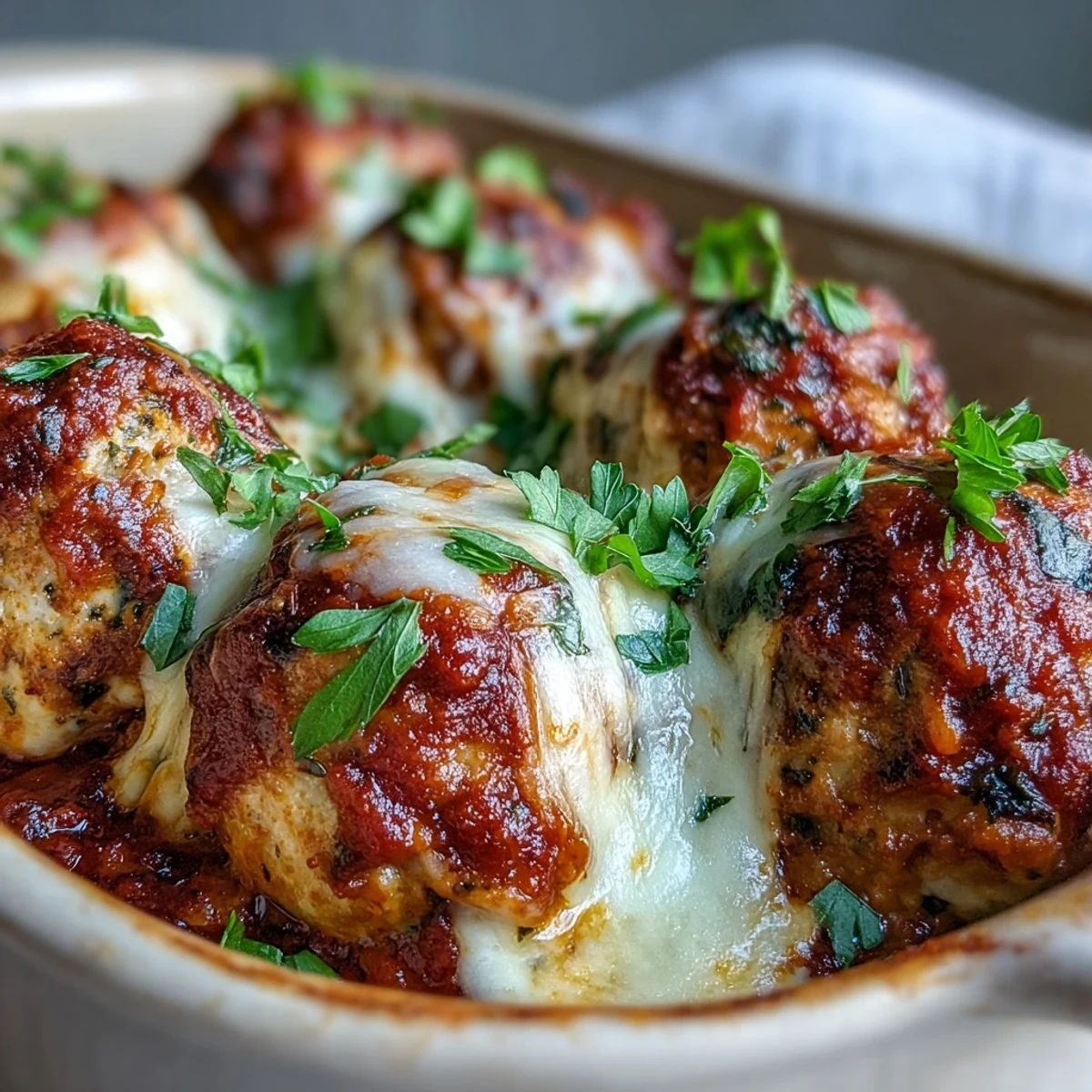 Gebakte scharfe Hähnchen Parmesan Meatballs mit geschmolzenem Mozzarella und Marinara in einer Auflaufform serviert.