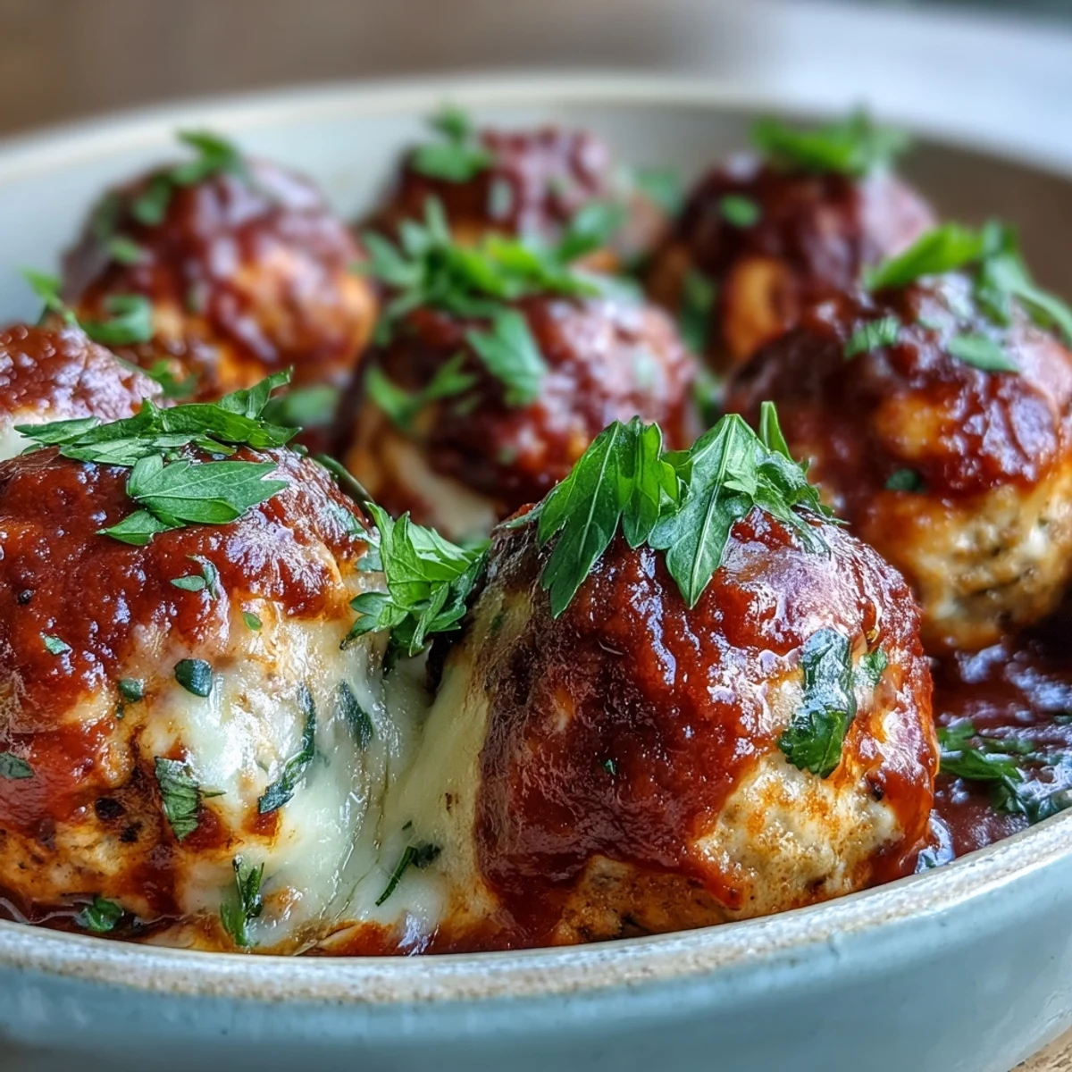 Saftige Hähnchen Meatballs mit scharfer Gewürzmischung und Käsekruste, serviert mit Nudeln und frischem Basilikum.