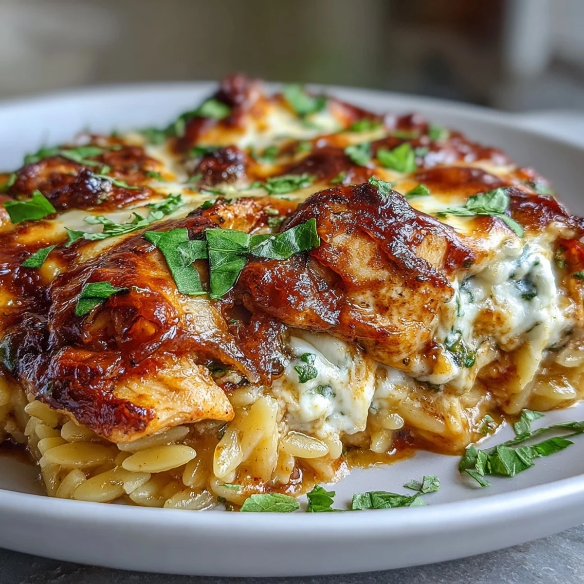 One-Pan Creamy Chicken Lasagna Orzo mit Tomaten, Hähnchenstückchen und geschmolzenem Mozzarella auf einem Teller.