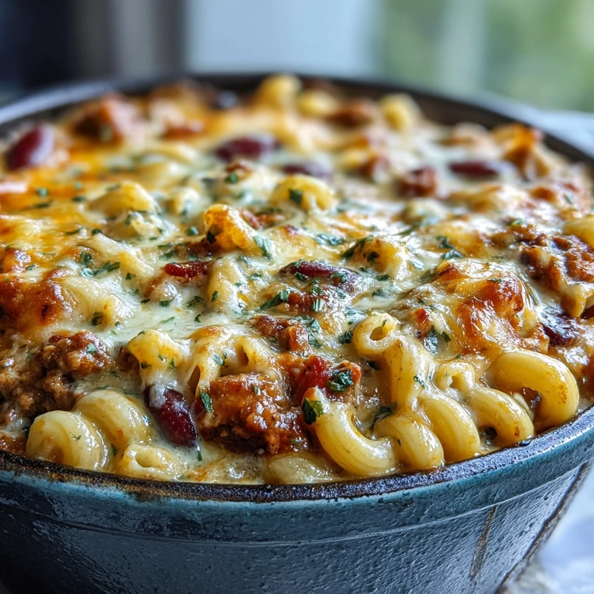 Baked Ranch Turkey Chili Mac mit geschmolzener Cheddar-Oberseite aus dem Ofen, dampfend serviert.
