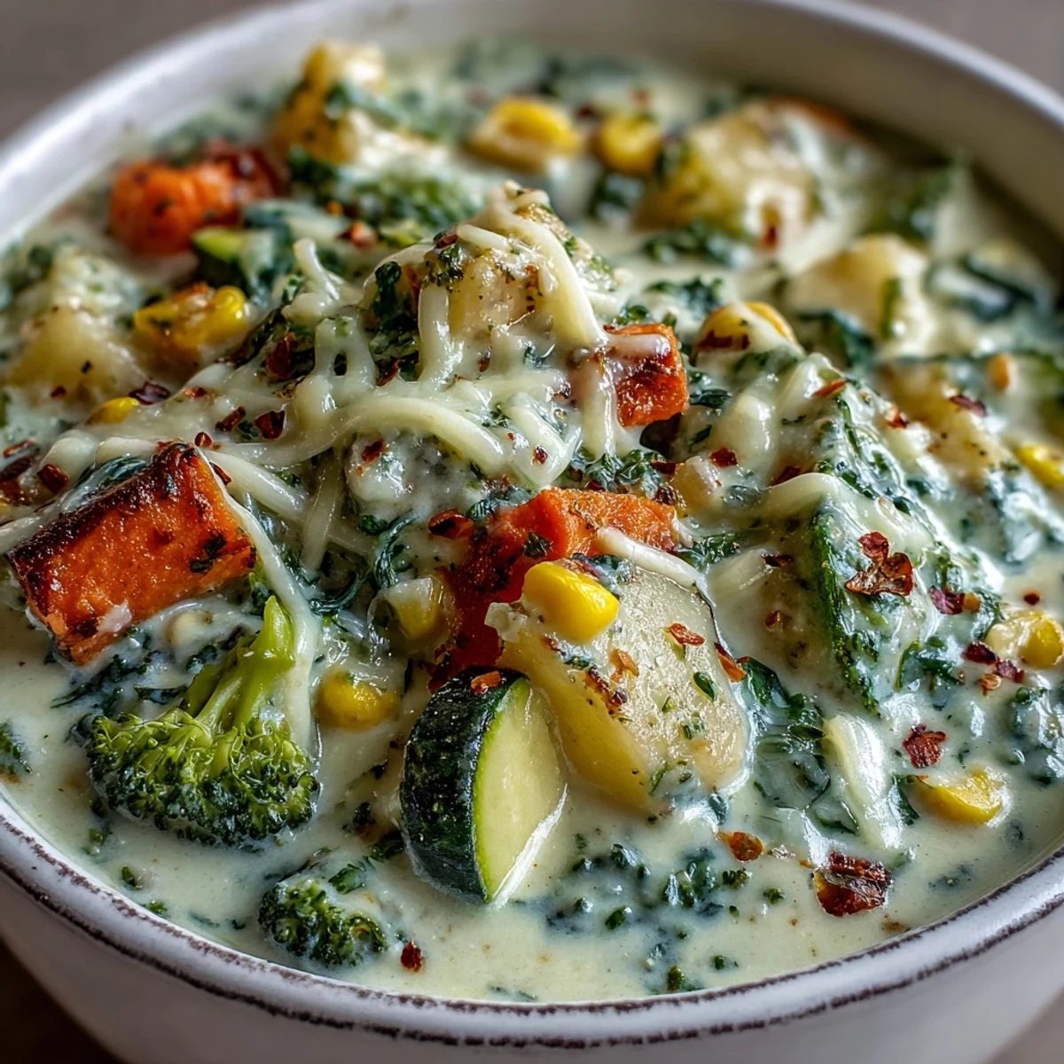Creamy Garlic Parmesan Veggie Soup in a rustic bowl topped with extra cheese and fresh herbs