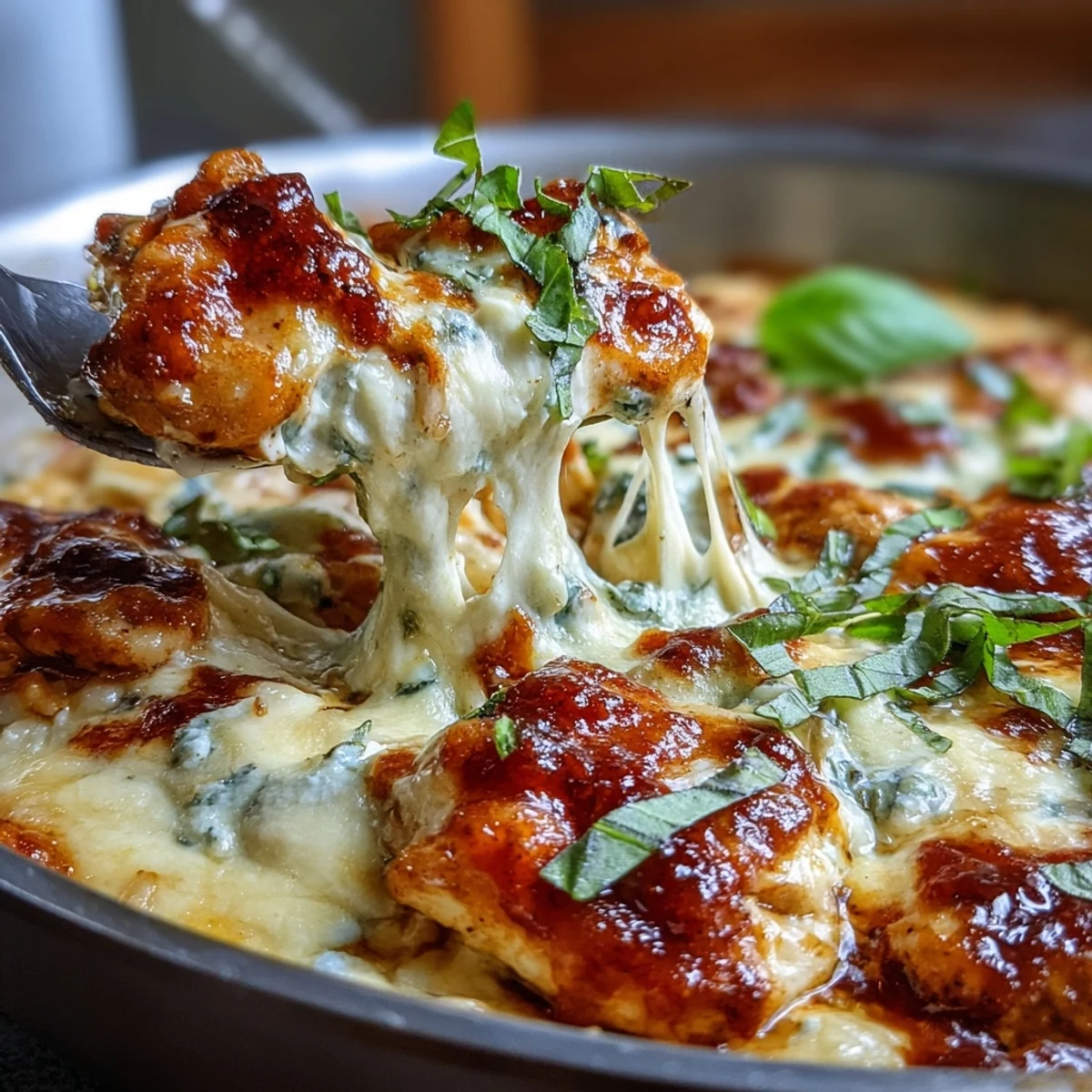 One-Pan Creamy Chicken Lasagna Orzo simmering in a skillet with bubbling mozzarella and fresh basil garnish.