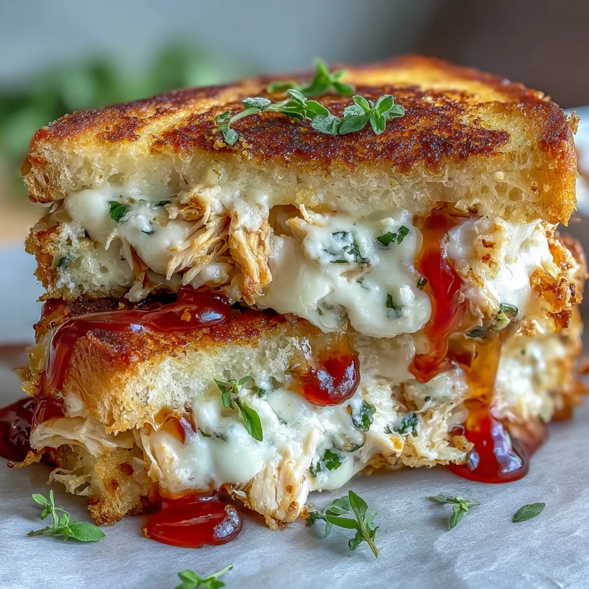 Genieße die Goat Cheese & Hot Honey Chicken Grilled Cheese mit scharfem Honig und Chicken.
