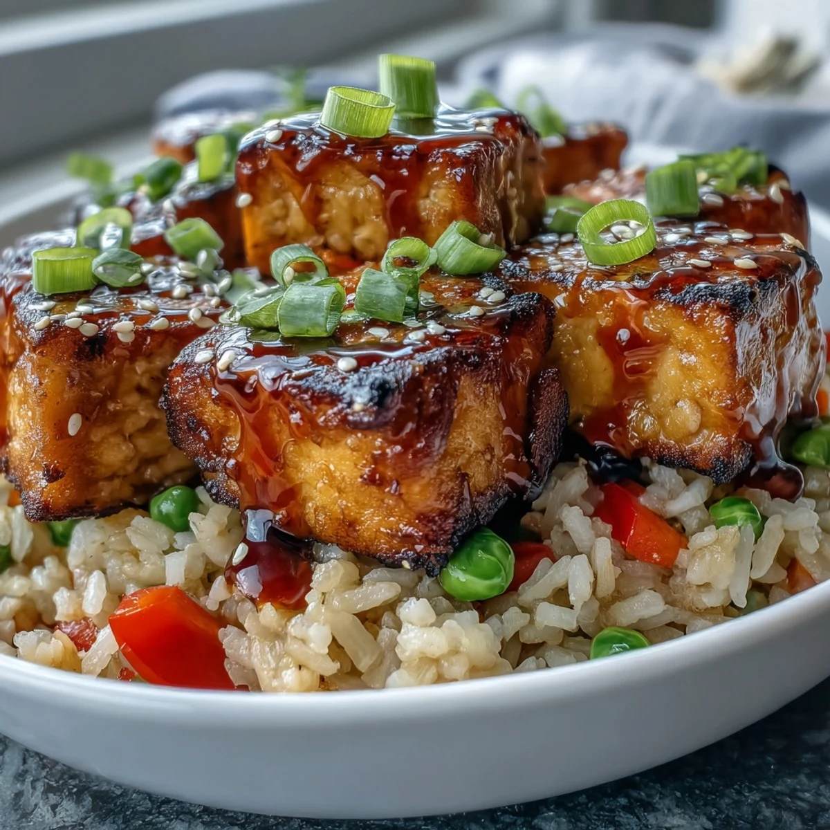 Crispy Sesame Tofu Fried Rice stir fry in a skillet with vegetables and golden tofu cubes.