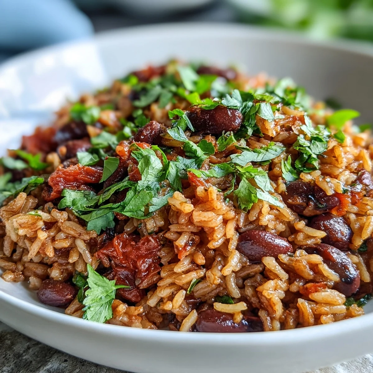 Würzige Spanish Rice and Beans mit schwarzen Bohnen und Paprika, serviert als herzhaftes Abendessen für die Familie.