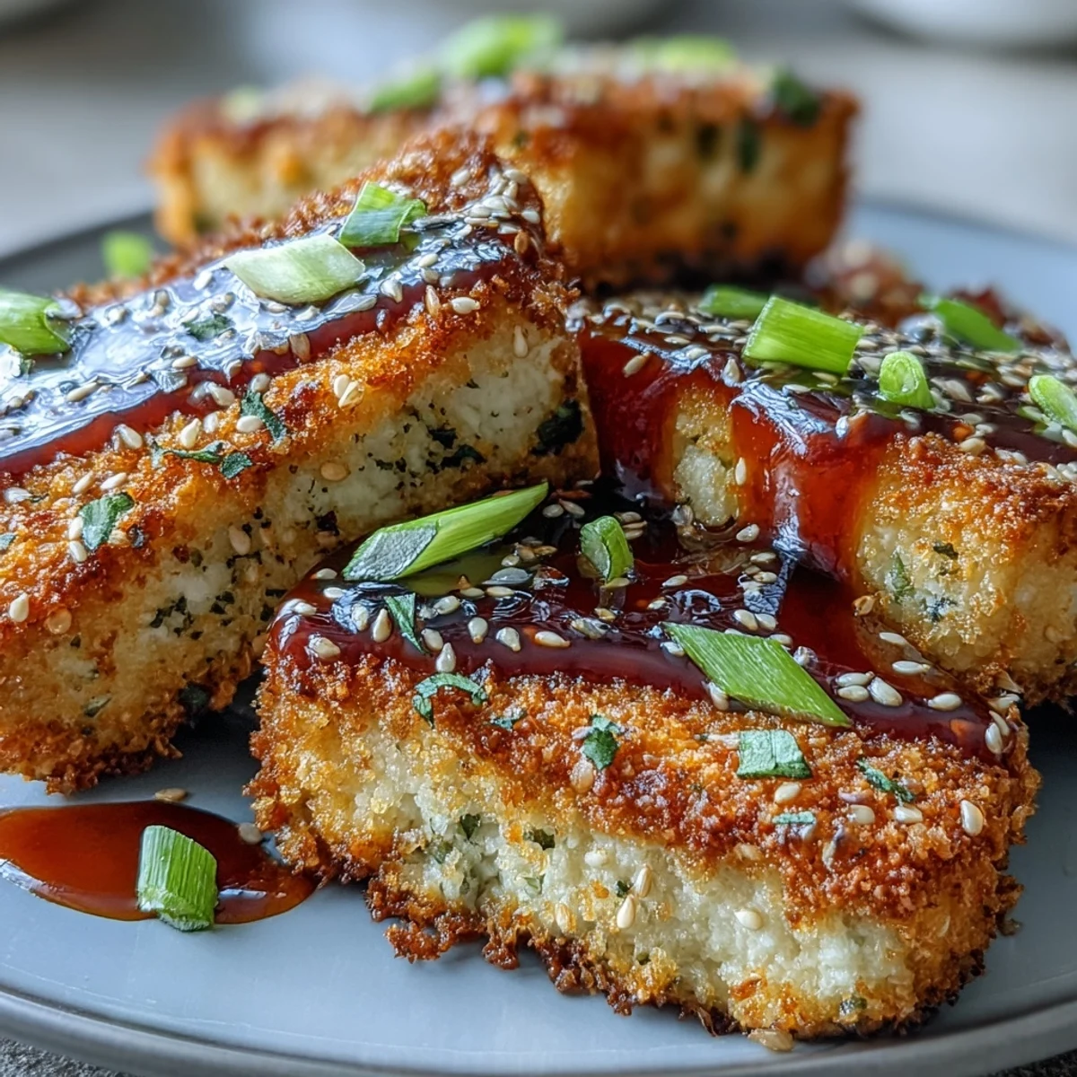 Sesame Crusted Tofu Steaks mit Teriyaki Sauce, knusprig aus der Pfanne für asiatisch inspirierte vegane Gerichte.
