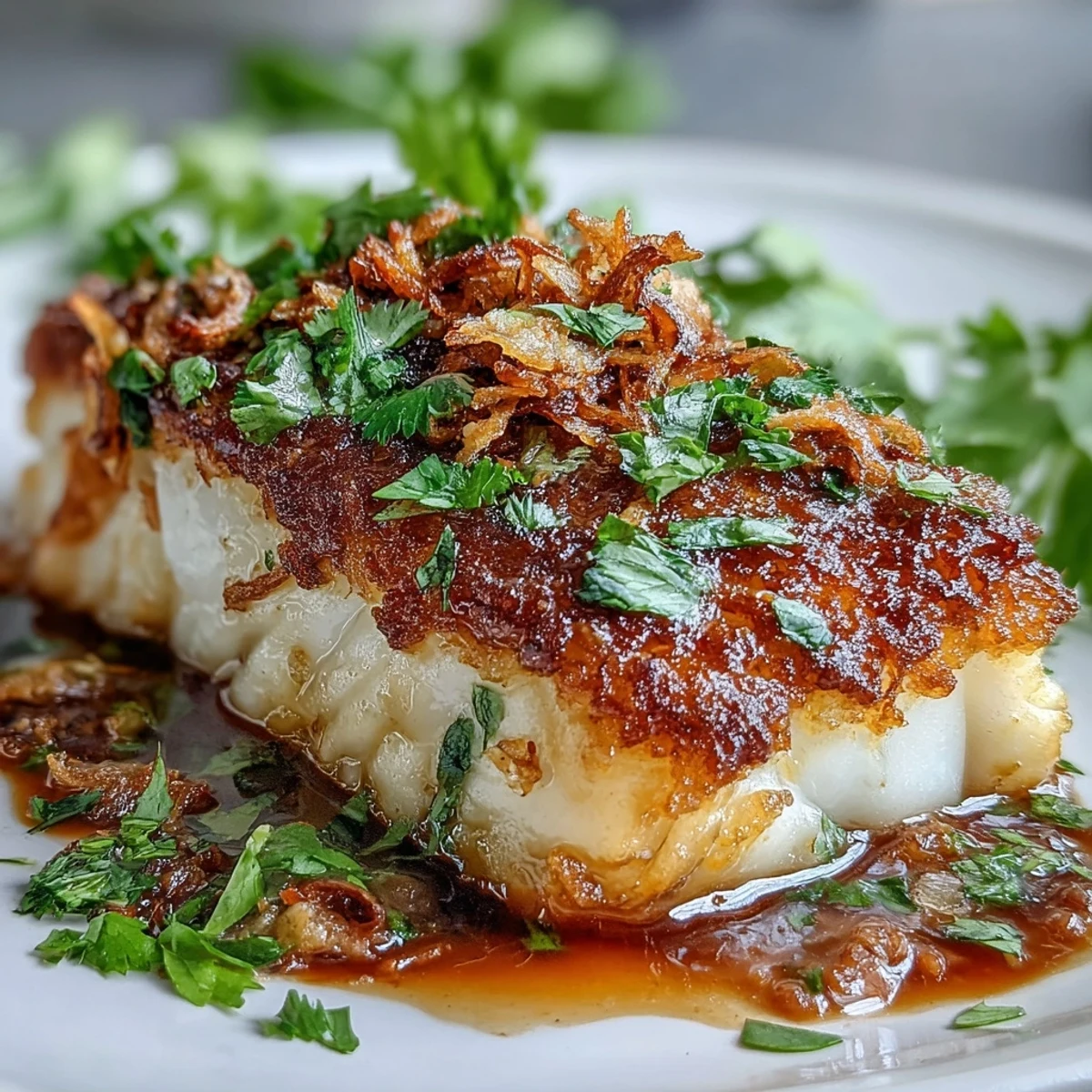 Flaky pan-seared Chilli Lime Fish fillets glazed in tangy sauce, topped with fresh cilantro and crispy shallots.