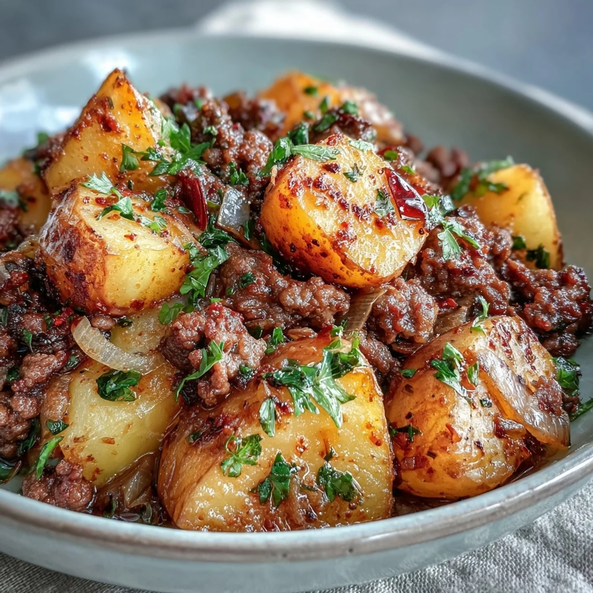 High Protein Ground Beef with Potatoes in a cast iron skillet with golden seared potatoes and savory beef.