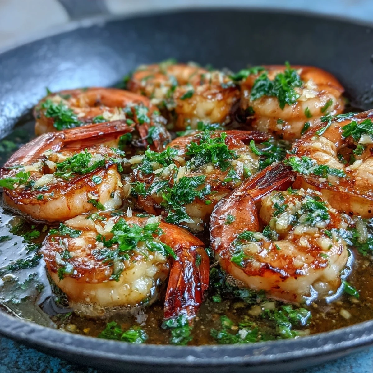 Succulente Garlic Butter Prawns, glänzend in Butter, mit knoblaucharomatischer Sauce und Zitrusnoten.
