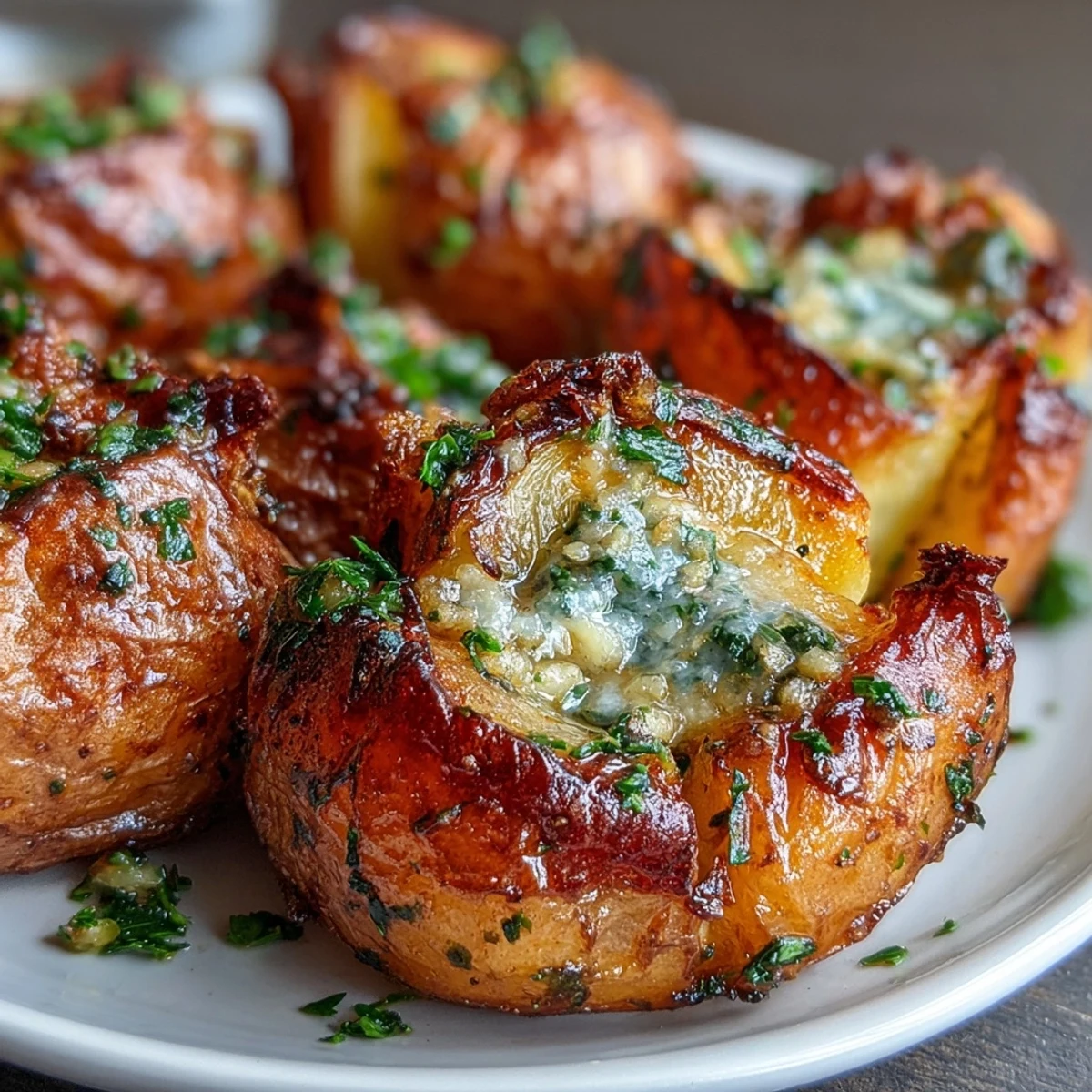 Golden-brown Smashed Garlic & Herb Potatoes fresh from the oven, topped with fresh parsley and chives.