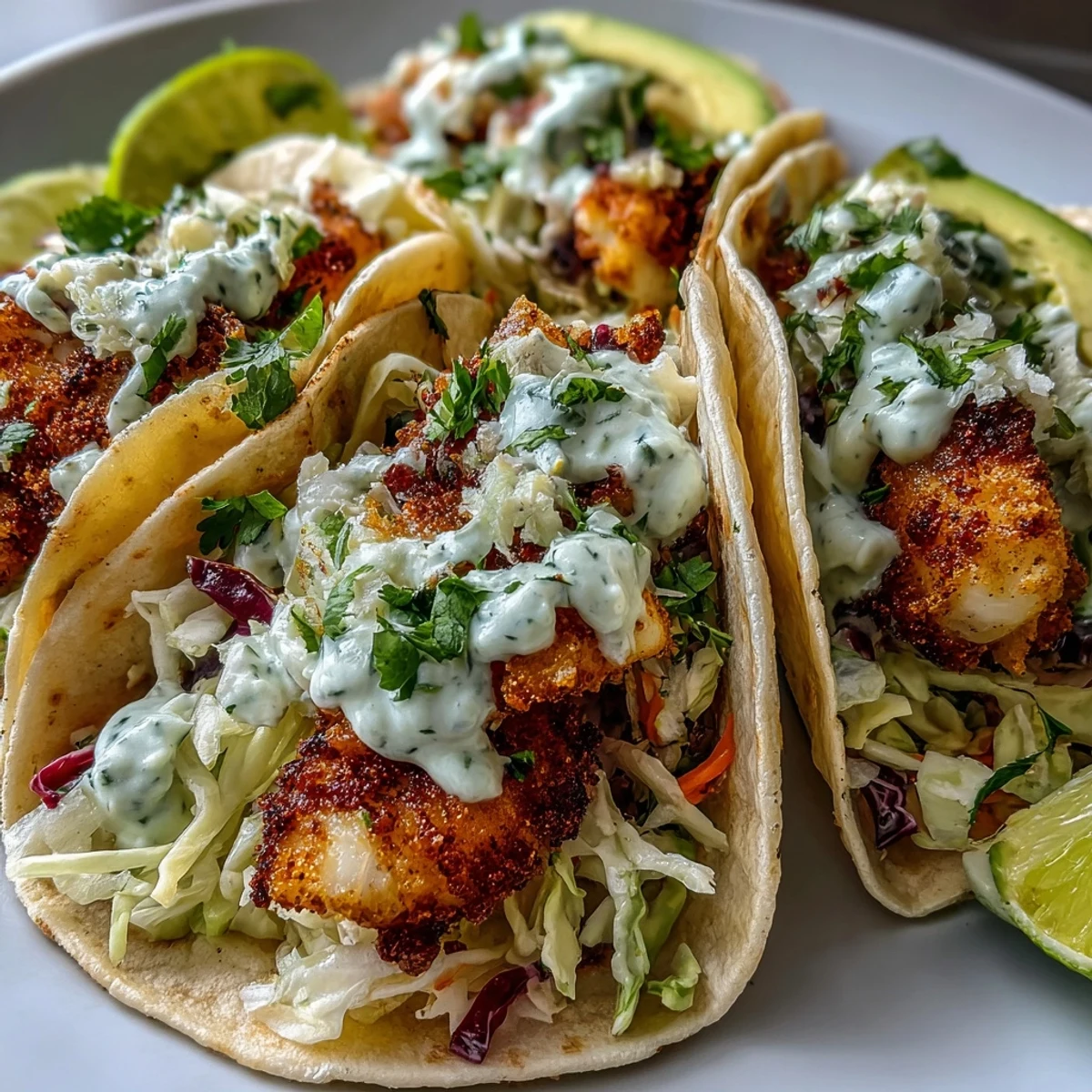 Frisch zubereitete Spicy Lime Fish Tacos mit knusprigem Krautsalat und cremiger Avocado auf einem Holztisch.