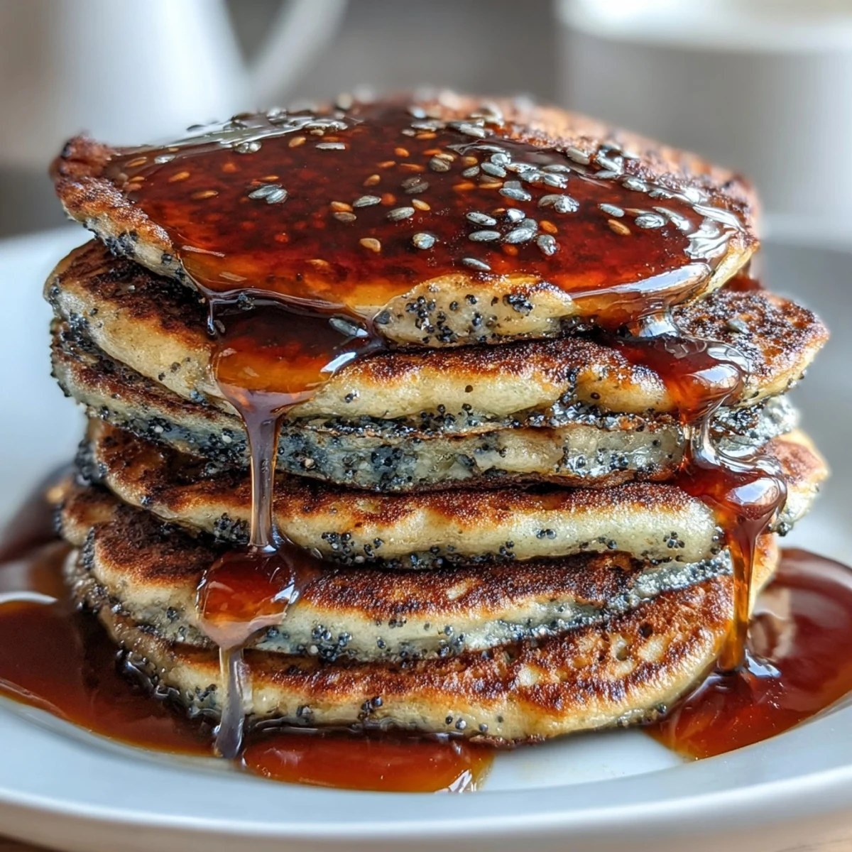 Golden-brown Black Sesame Pancakes sizzling on a griddle, showing a tender, steamy interior flecked with nutty black sesame seeds.