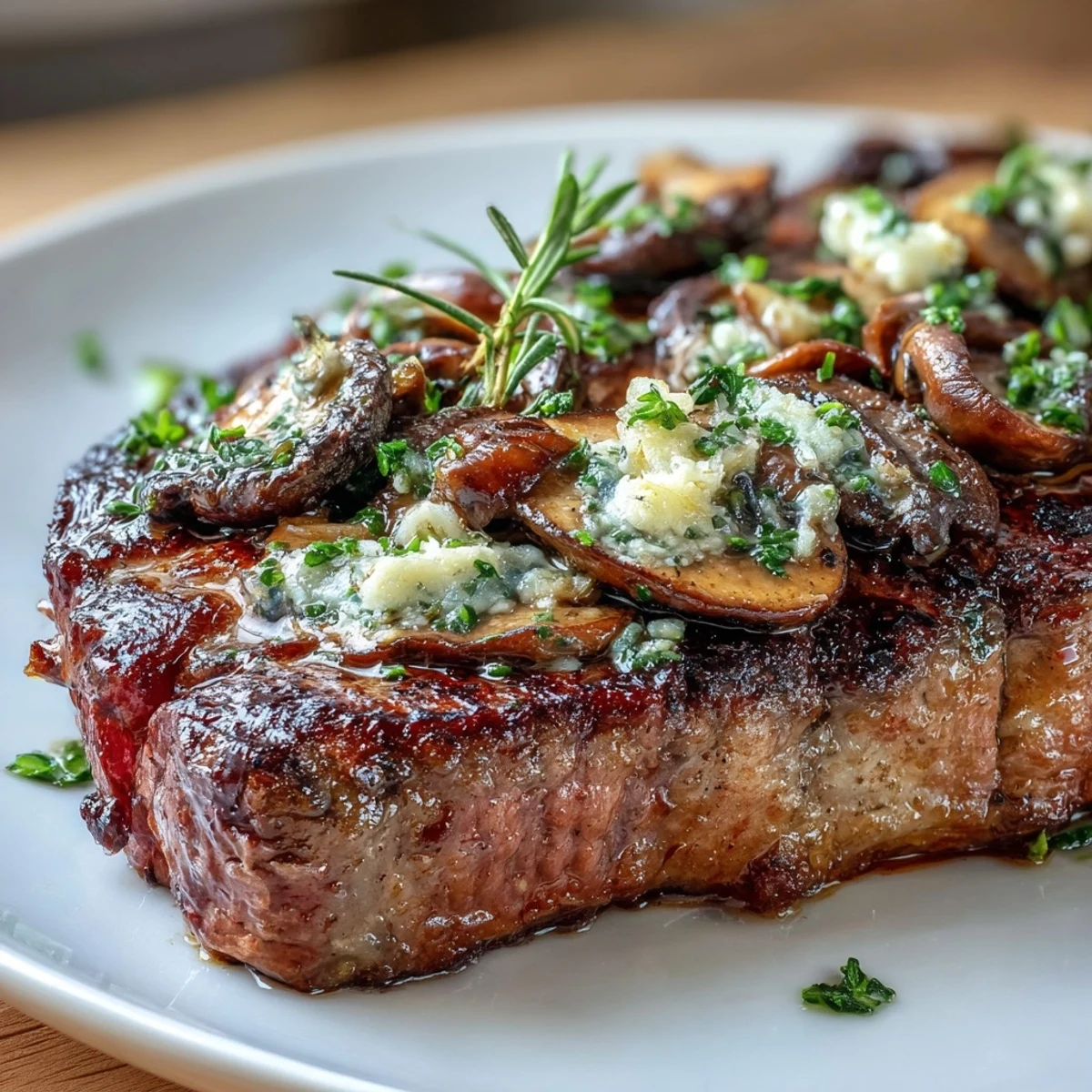 Garlic Butter Steak mit goldbraun gebratenen Wildpilzen und frischer Petersilie garniert.