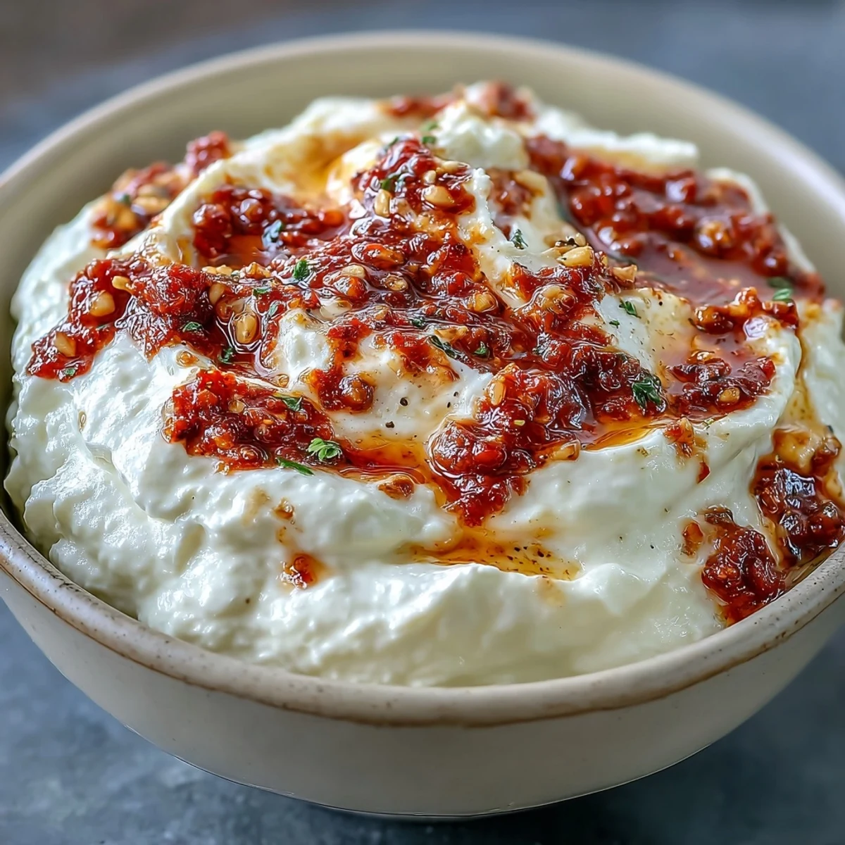 A bowl of Calabrian Chili Cream Cheese dip garnished with fresh chives and lemon zest.
