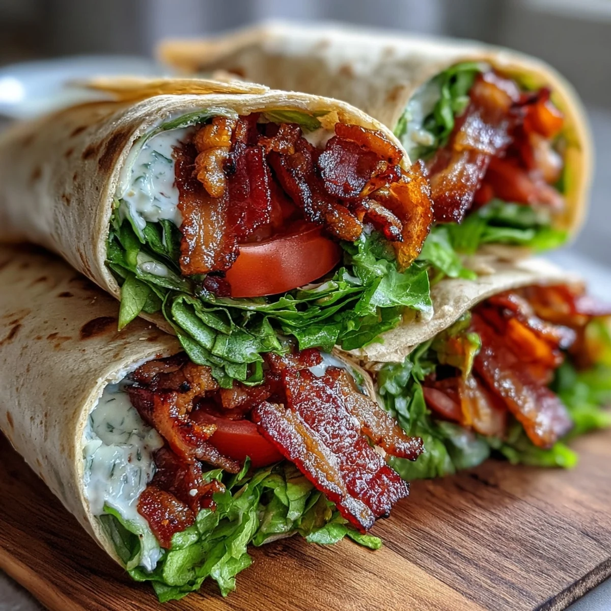 Gourmet BLT Wraps with Secret Sauce: Crispy bacon, juicy marinated tomatoes, and fresh lettuce wrapped in a low-carb tortilla.