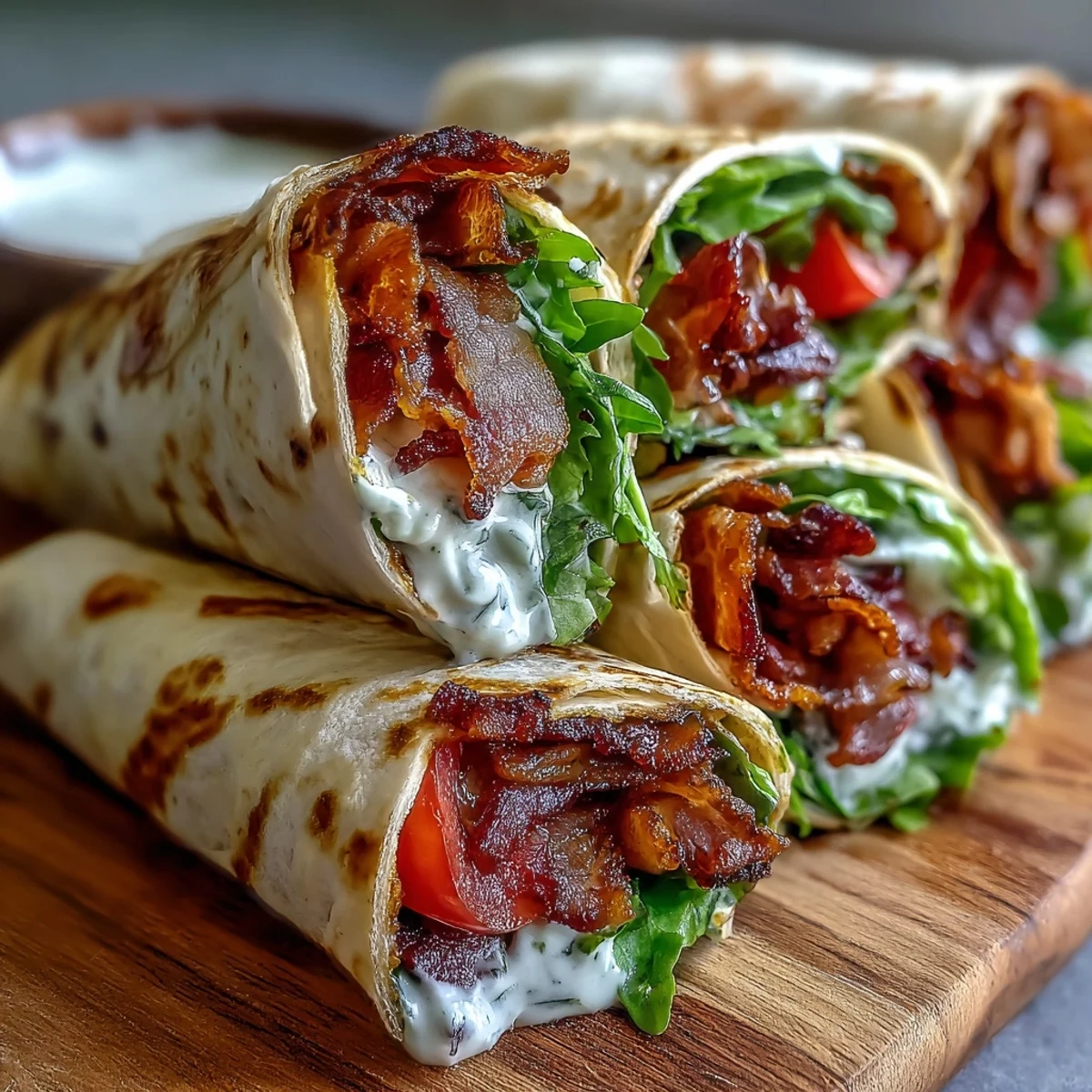 Sliced halves of Gourmet BLT Wraps with Secret Sauce revealing layers of crunchy bacon and fresh lettuce.