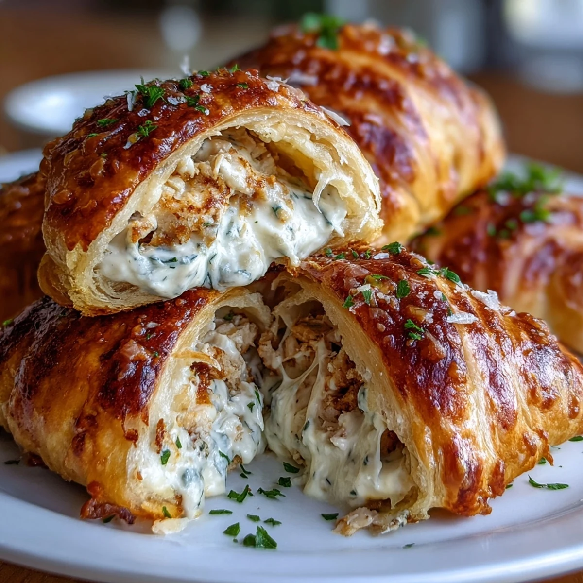 Decadent Chicken Pillows with Garlic Parmesan Sauce oozing melted mozzarella, brushed with buttery garlic sauce on parchment paper.